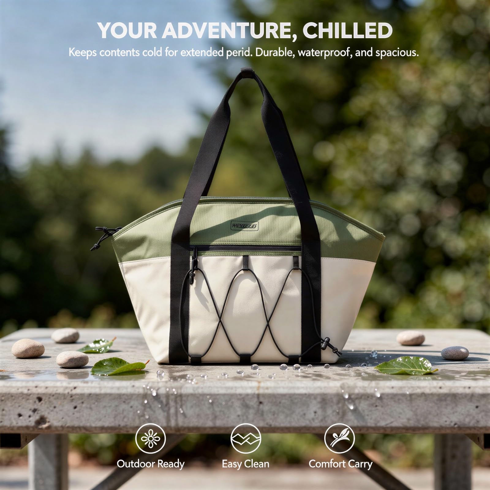 Sac isotherme vert et beige, grande capacité 28 L en toile Oxford, sac réfrigérant avec larges sangles, poignée renforcée, pour pique-nique, camping, plage, voyage, conservation des aliments