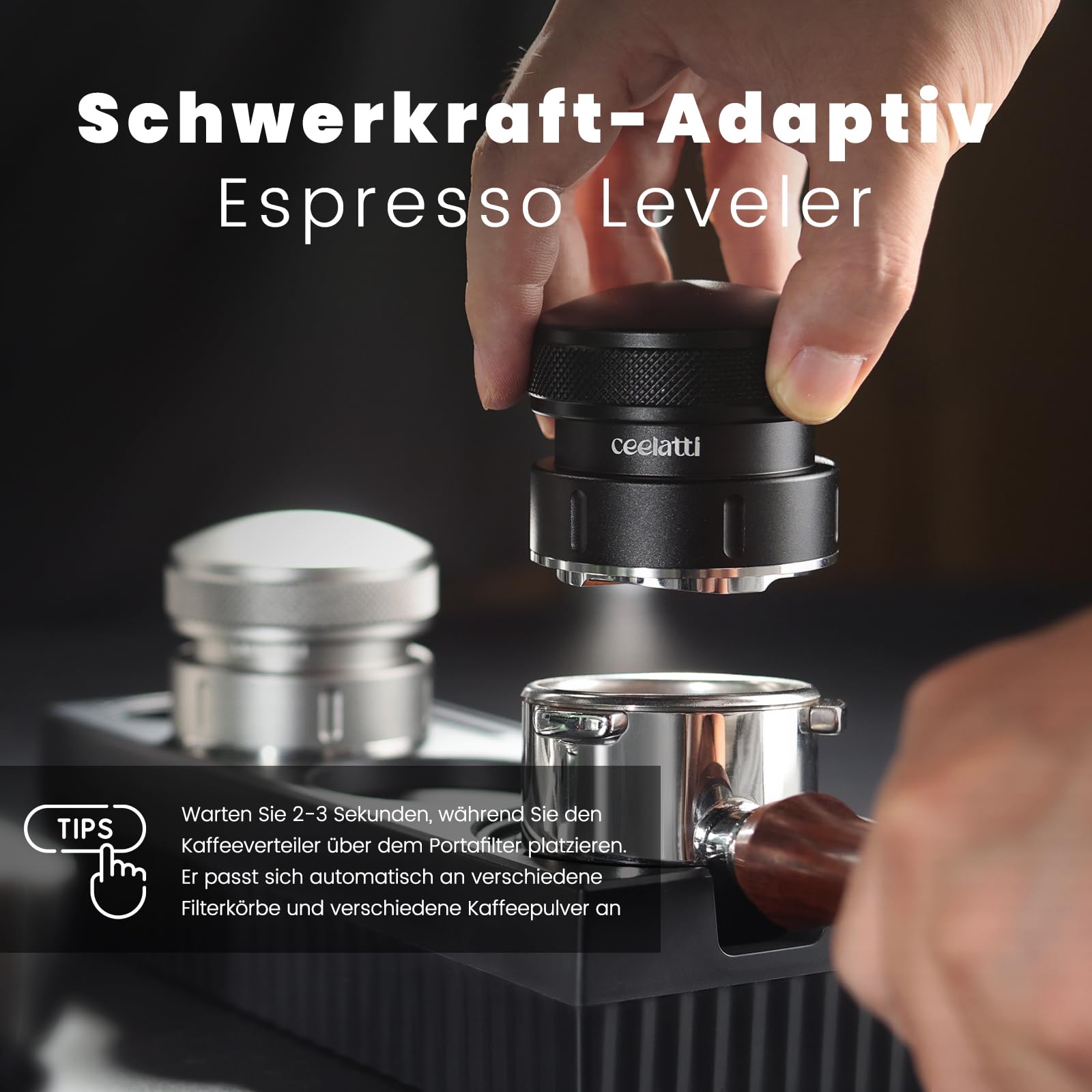Espresso Distributor 58mm, Schwerkraft Espresso Leveler für 58mm Kaffee Siebträger, Coffee Distributor für Barista, 304 Edelstahl Basis, 4-Klingen-Basis, Schwarz