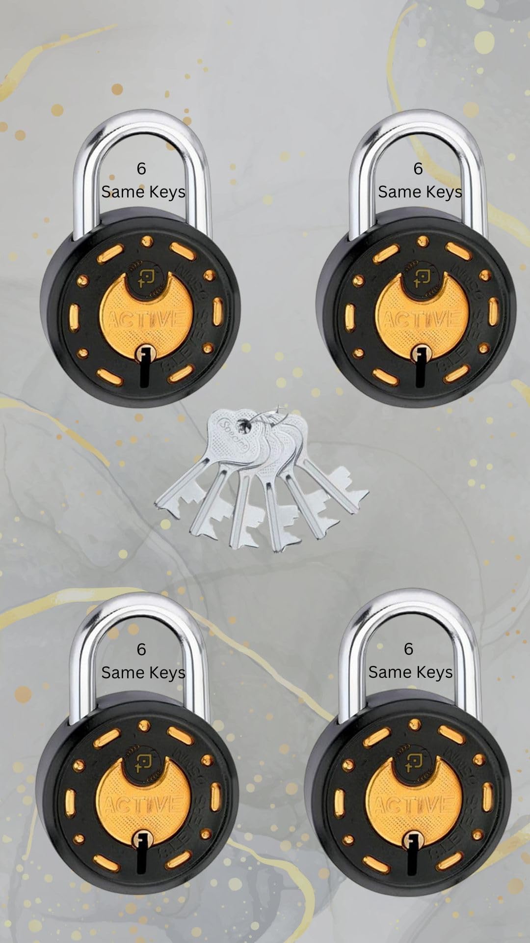 Azco Round Locks Small Size 50mm 6 Same Keys with 4 Padlocks | 7 Levers Double Locking | Lock and Keys for Home Door Shutter Shop Office Main Gate, Black Gold (Pack of 4)-image-13