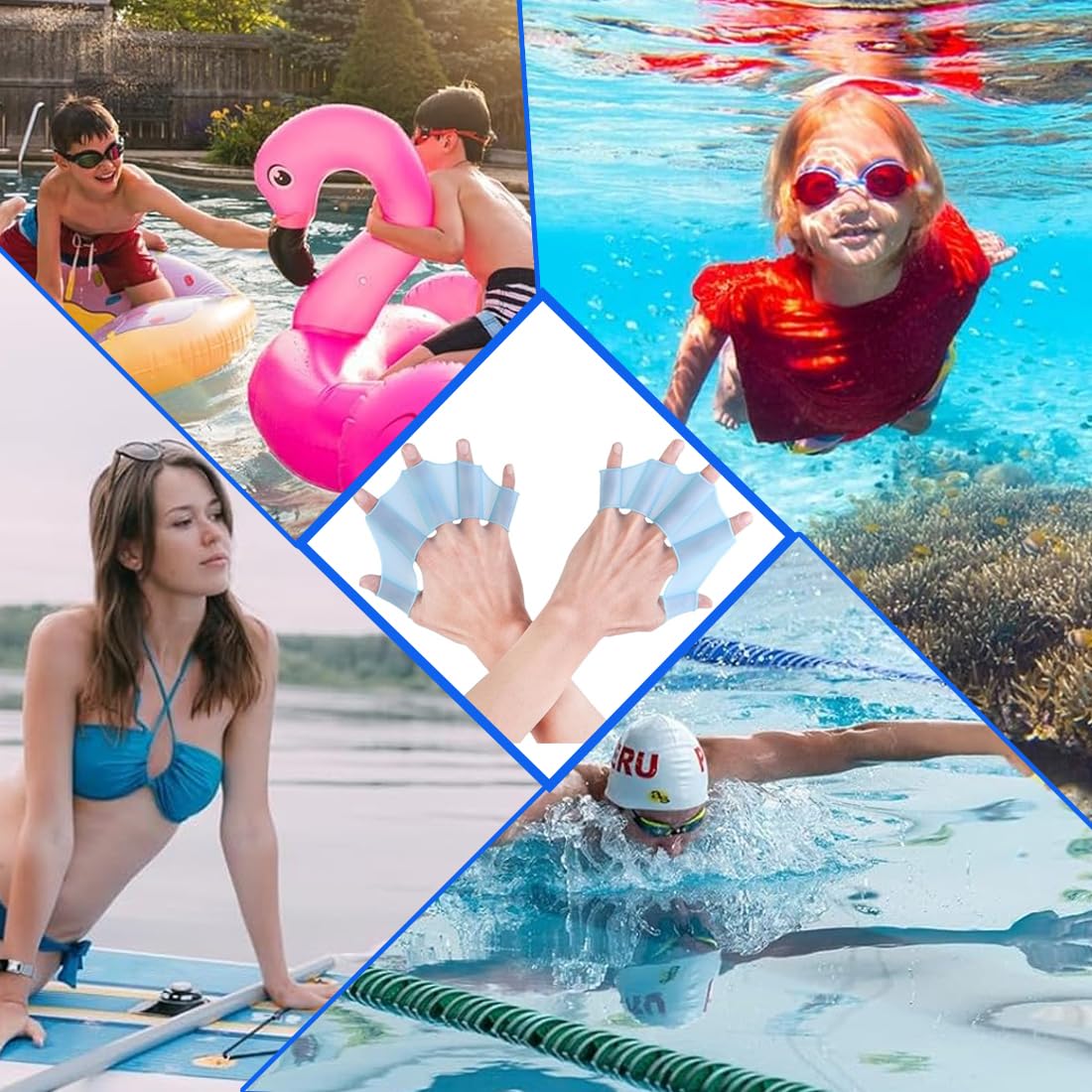 3 Paires Gants de Natation, Palmes D'entraînement de Natation, Gants Palmés de Natation, Palmes de Plongée, Gants de Natation Silicone, Pagaie à la Main, Convient aux Adultes (M, Bleu)