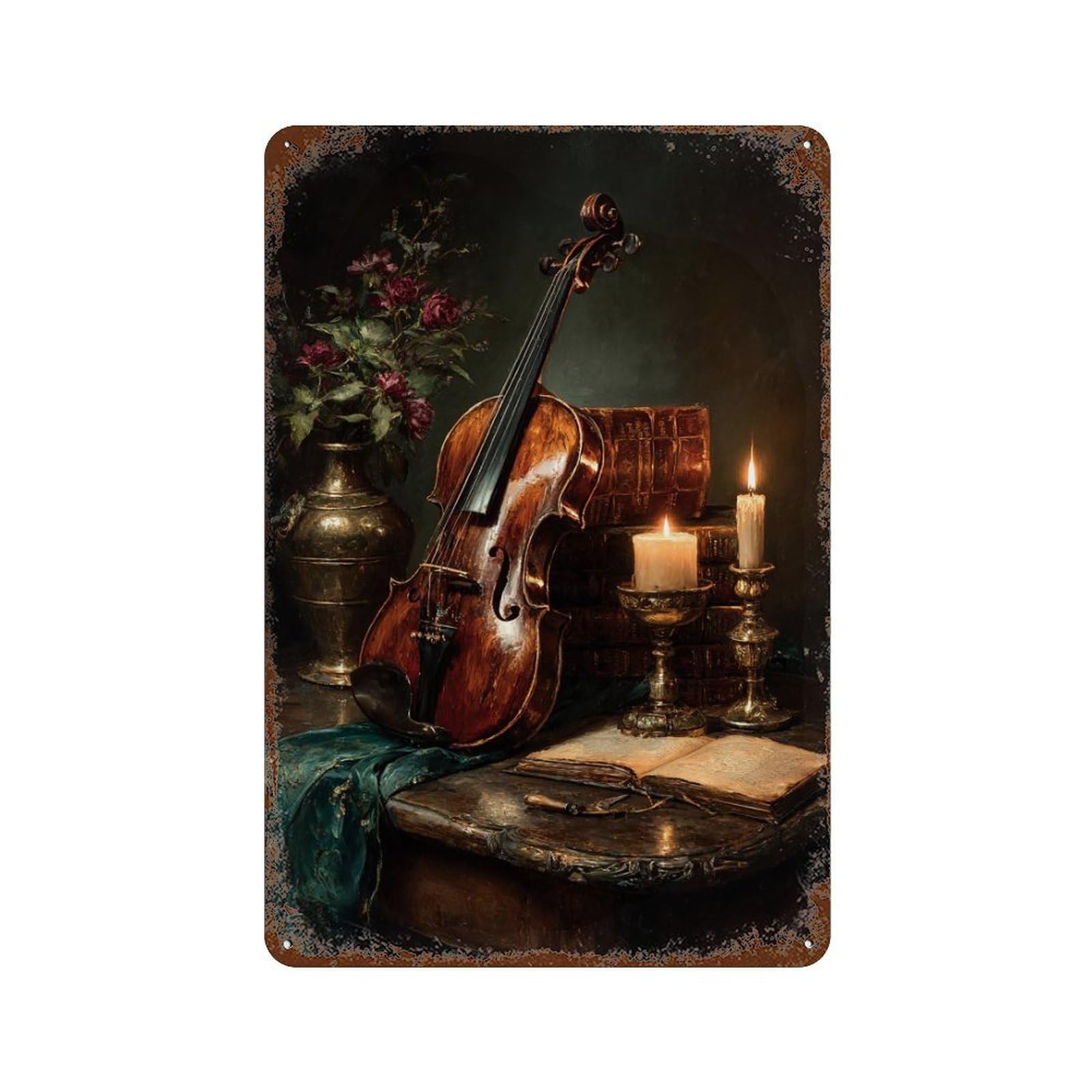 Vintage Violin Still Life with Candles Vintage Metal Tin Sign 11.8"x7.9", Farmhouse Wall Decor for Garage, Bar And Workshop Decor