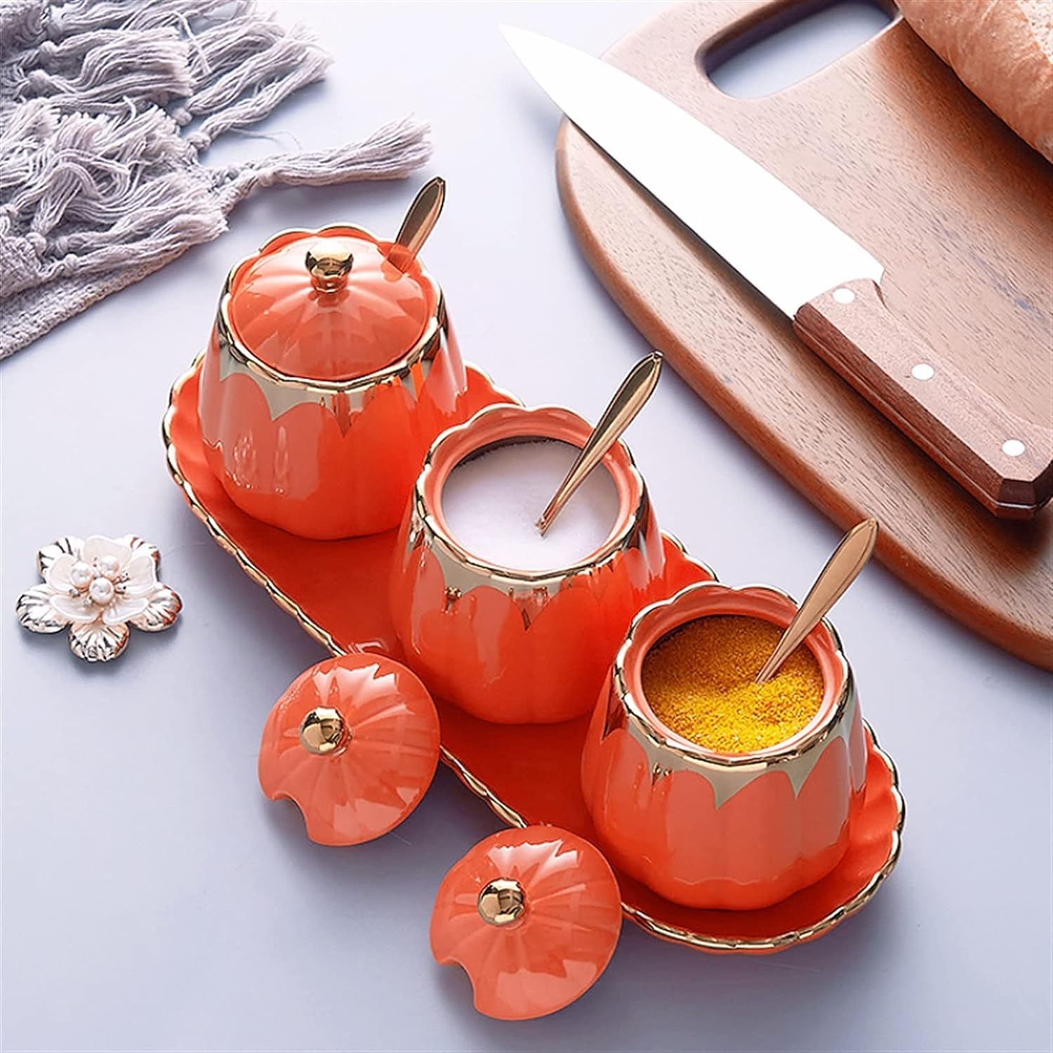 Gewürzdose, Keramik Gewürzdosen Set Küche Gewürztopf Salztopf Zuckertopf Kombination Gewürzbox Gläser(Orange)