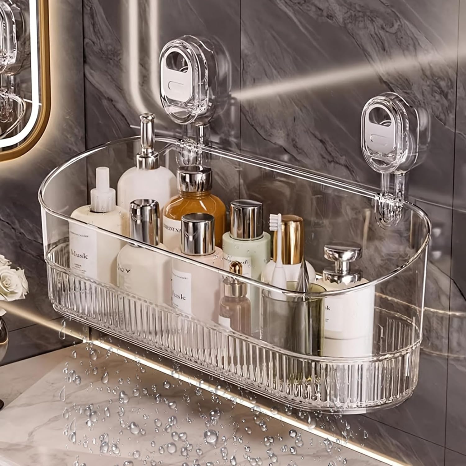 2026 New No Drill Bathroom Drain Rack No-Drill Bathroom Suction Storage Box Large Capacity Strong Load-Bearing Suction Cup