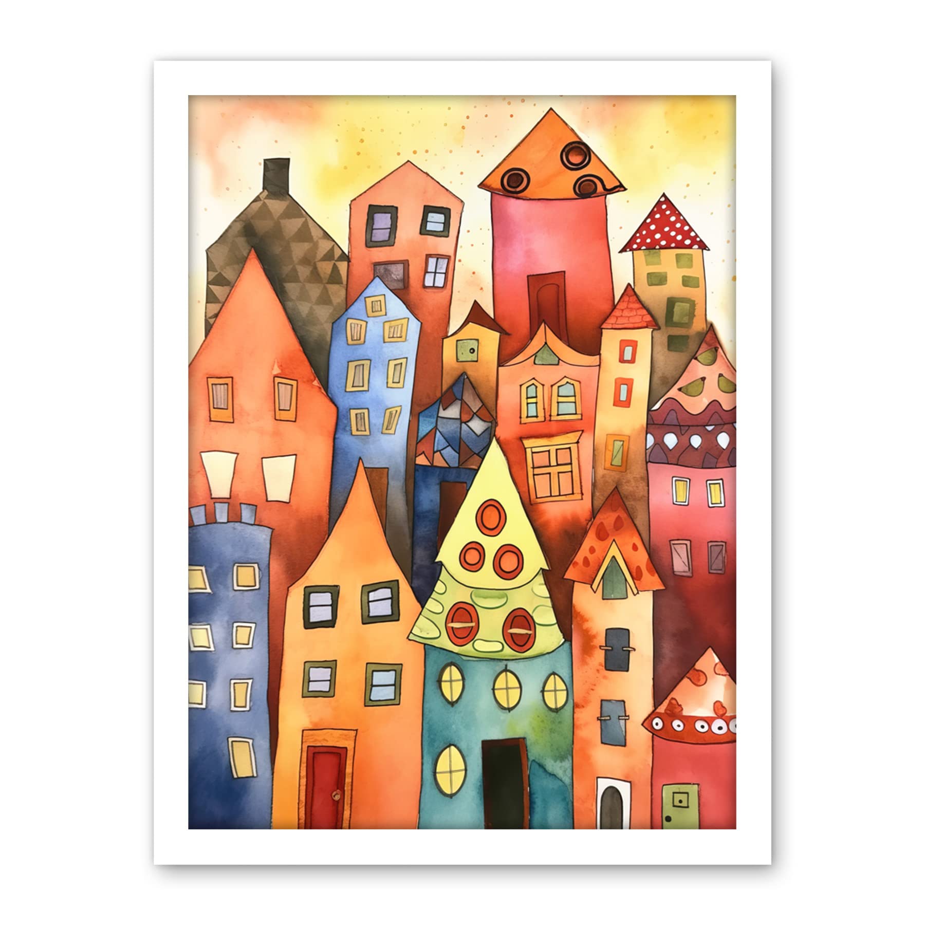 Artery8 Colourful Townscape Folk Art Watercolour Painting Artwork Framed Wall Art Print 18X24 Inch