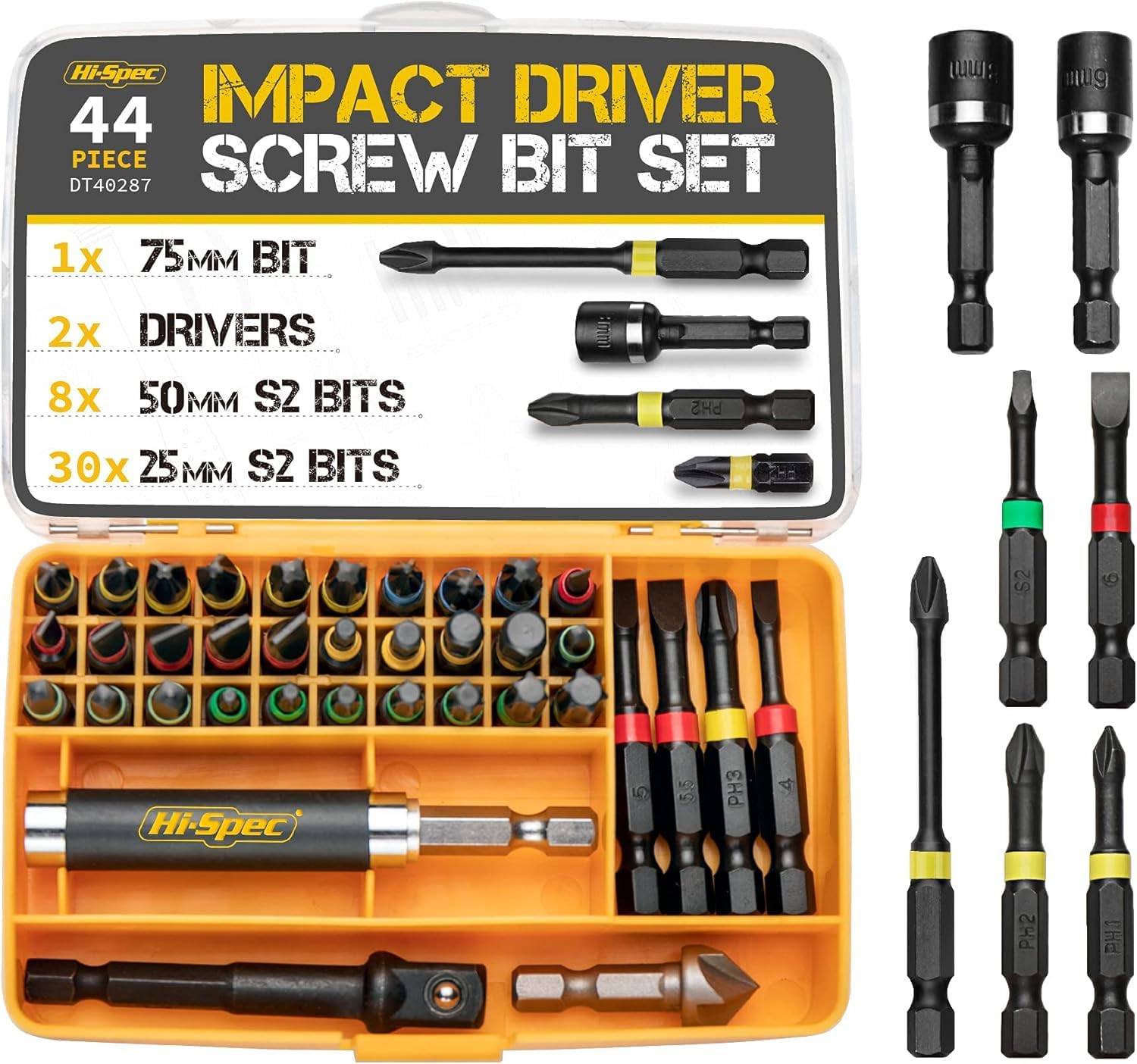 Hi-Spec Juego de Puntas de Impacto para Taladro Destornillador de 44 Piezas. Brocas para Herramientas Eléctrica con Cuerpo Hex con Maletin de Almacenamiento
