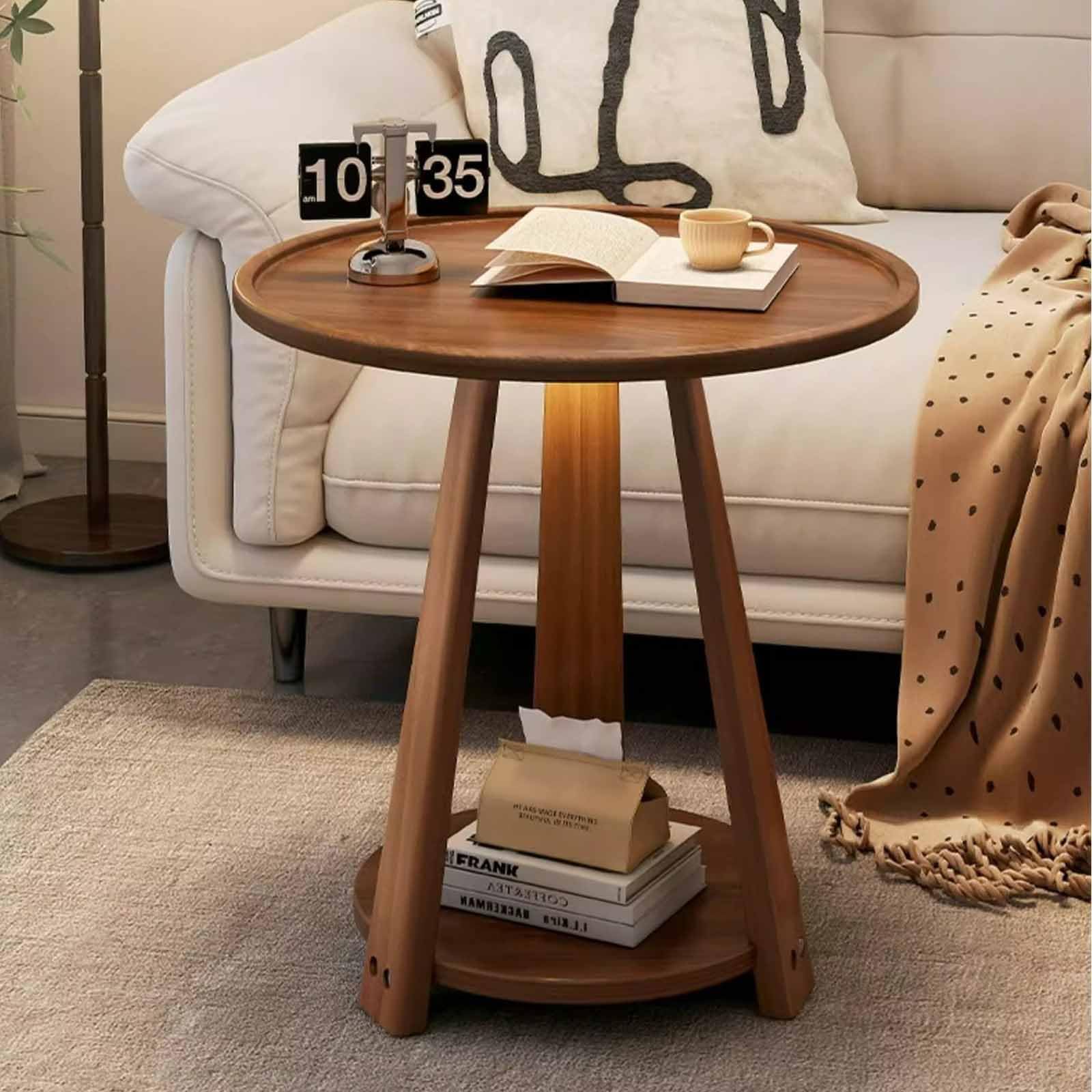 SXZenSpace Side Table, Small Round End Table with Lower Shelf, 2 Tier Farmhouse Nightstand Bedside Coffee Accent Wood Tabletop & Frame for Spaces, Living Room, Bedroom,Brown