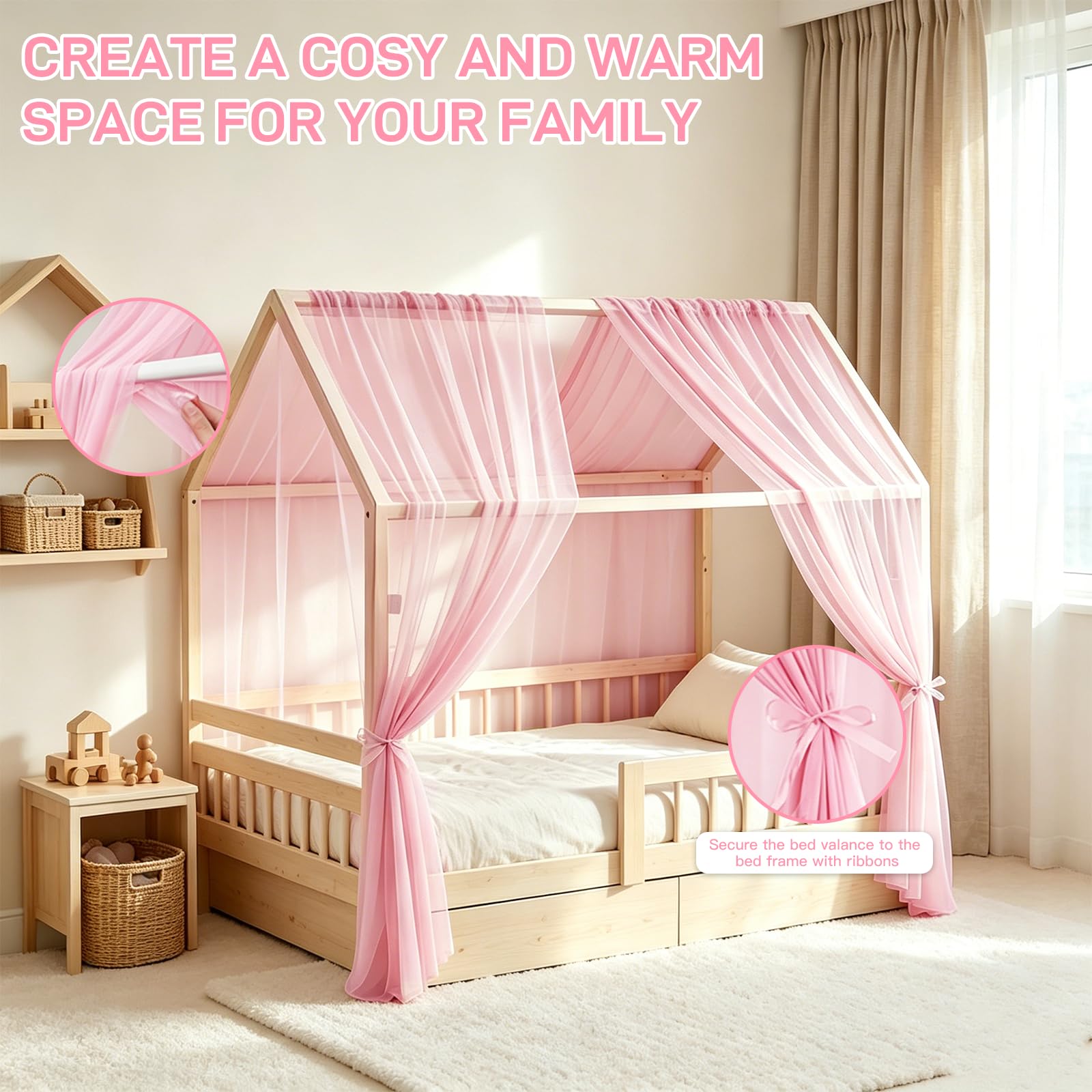 Generisch Hausbett Himmel Set, 2 Stück Betthimmel Hausbett für Hausbettdeko, Bett Vorhang für Mädchen Jungen Kinderbett Kinderzimmer Deko, 150cm*350cm (Rosa)