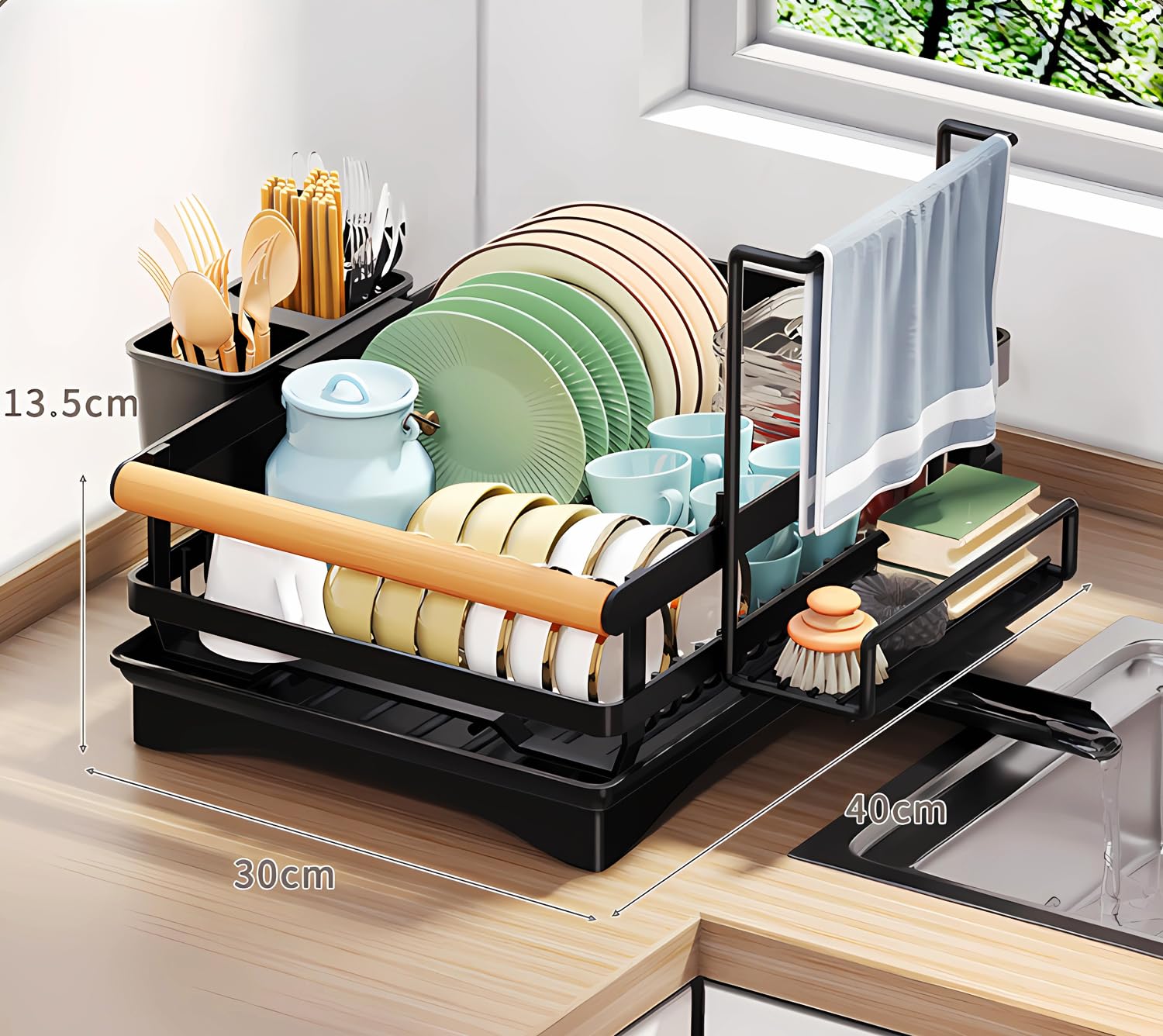 Escurridor de platos de 2 niveles, Bandeja para escurreplatos para encimera de cocina con boquilla giratoria, con soporte para utensilios, de gran capacidad para platos y cuencos y tazas