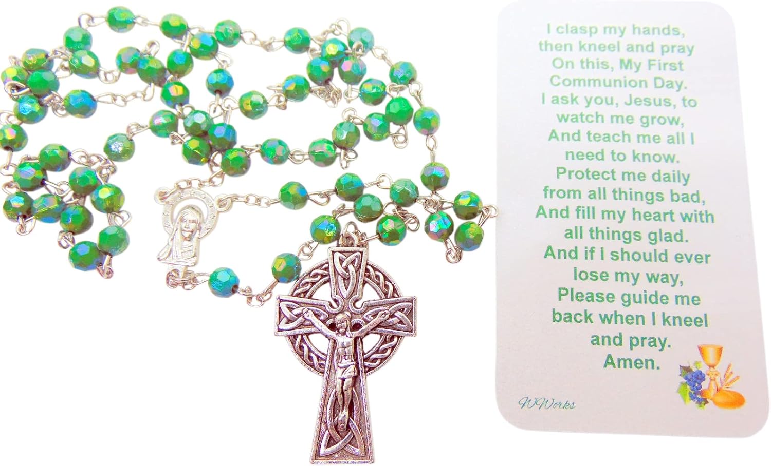 Westmon Works First Communion Rosary Irish Edition Set with Green Ireland Beads Metal Celtic Crucifix Holy Card and Carry Bag - Image 2