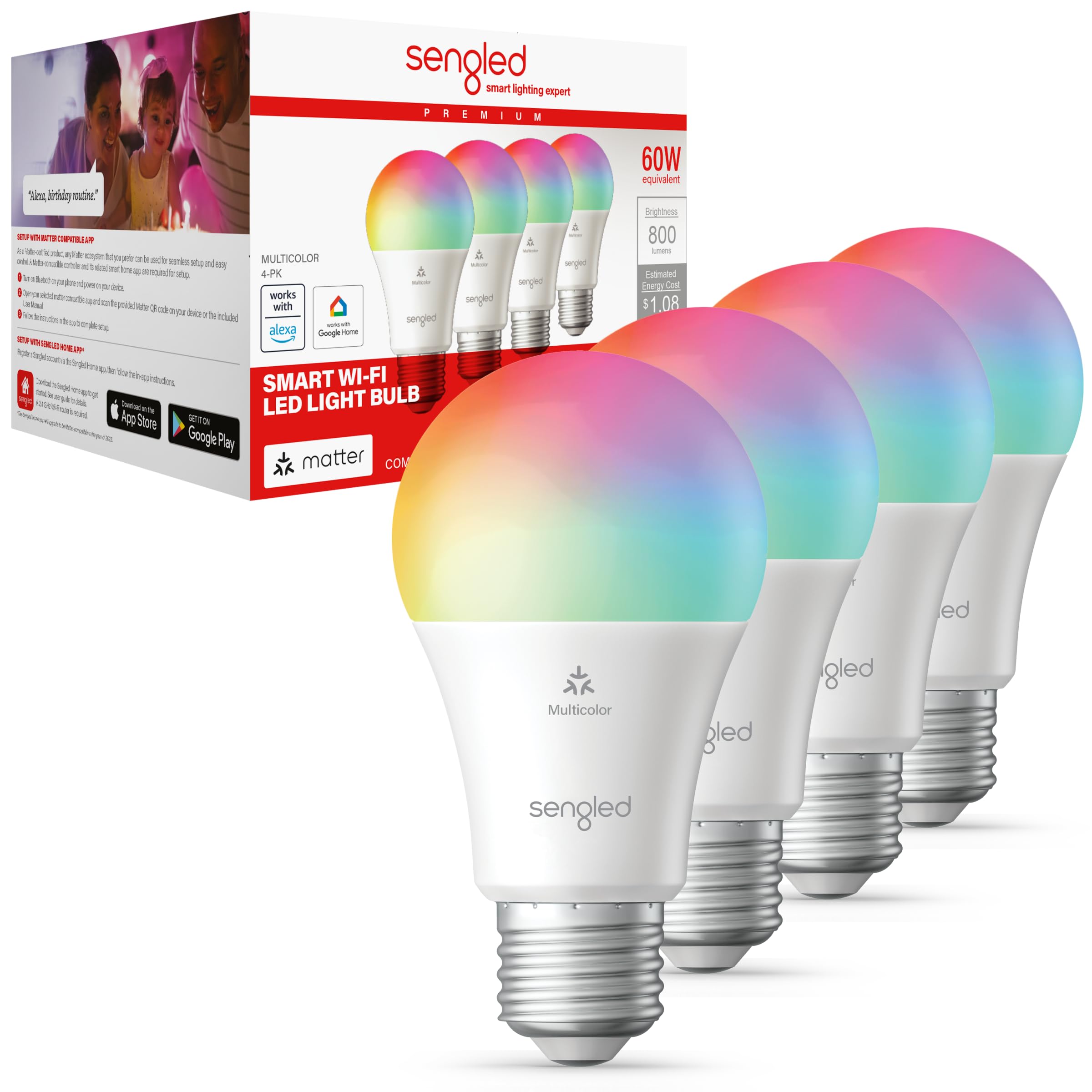 Sengled Smart Bulb, Matter-Enabled, Led Light Bulbs That Compatible with Alexa, Multicolor, A19 60W Equivalent, 800LM, 2.4 GHz Wi-Fi, 4-Pack
