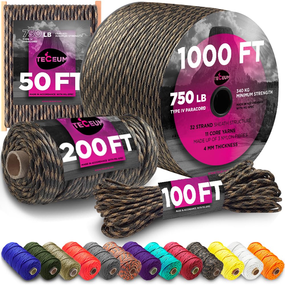 TECEUM Paracord Rope 750 lb – 1000ft / 200ft / 120ft / 100ft / 50ft – String Parachute Cord for Camping, Survival, Outdoor Gear – 35+ Colors – Nylon