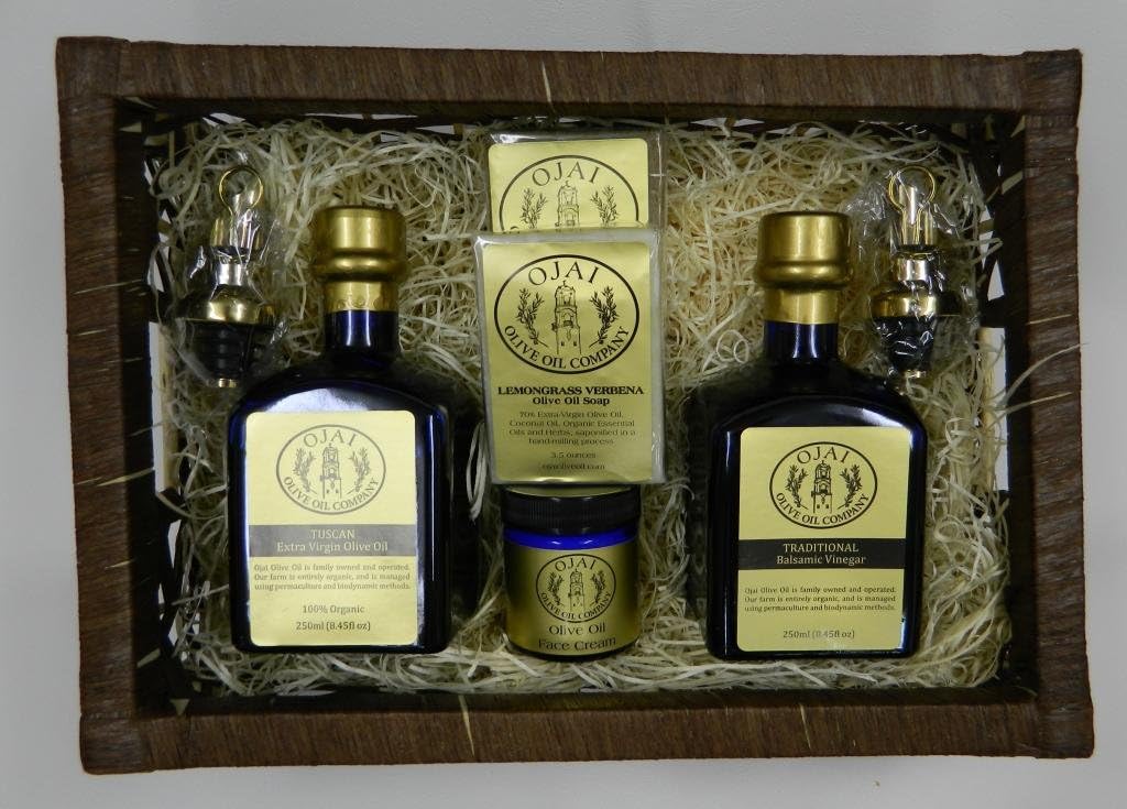Ojai Olive Oil Small Wooden Gift Basket 3 (1 Olive Oil, 1 Vinegar, 1 Face Cream 1.7oz, 2 Soaps)