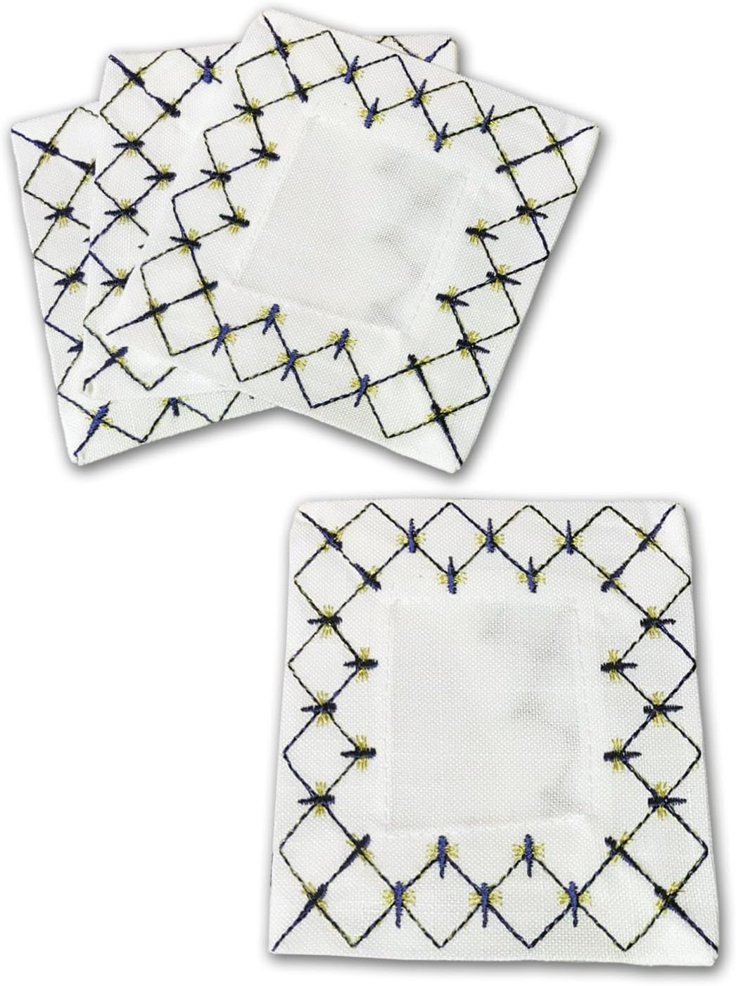 Lomonosov Cobalt Net Blue Cloth Coaster for Drinks, Set of 4 Square Coasters, 4.5 x 4.5 Inches, White