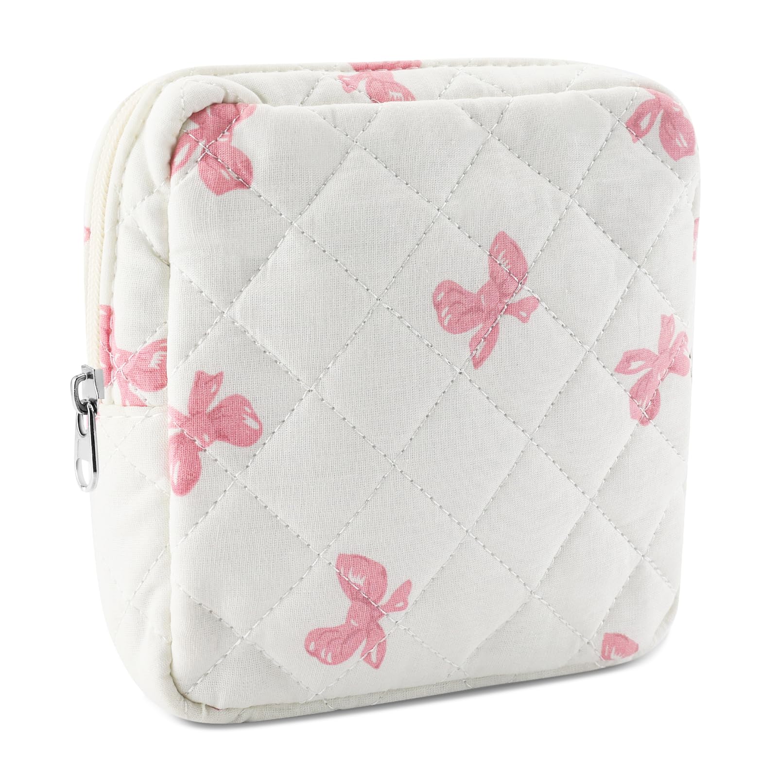 Tmtains Kleine Make-up-Tasche für Geldbörse, Mini-Baumwolle, gesteppt, Kosmetiktasche für Damen, niedliche rosa Schleife, Make-up-Tasche, tragbare Reise-Kulturbeutel mit Reißverschluss, Damenbinde