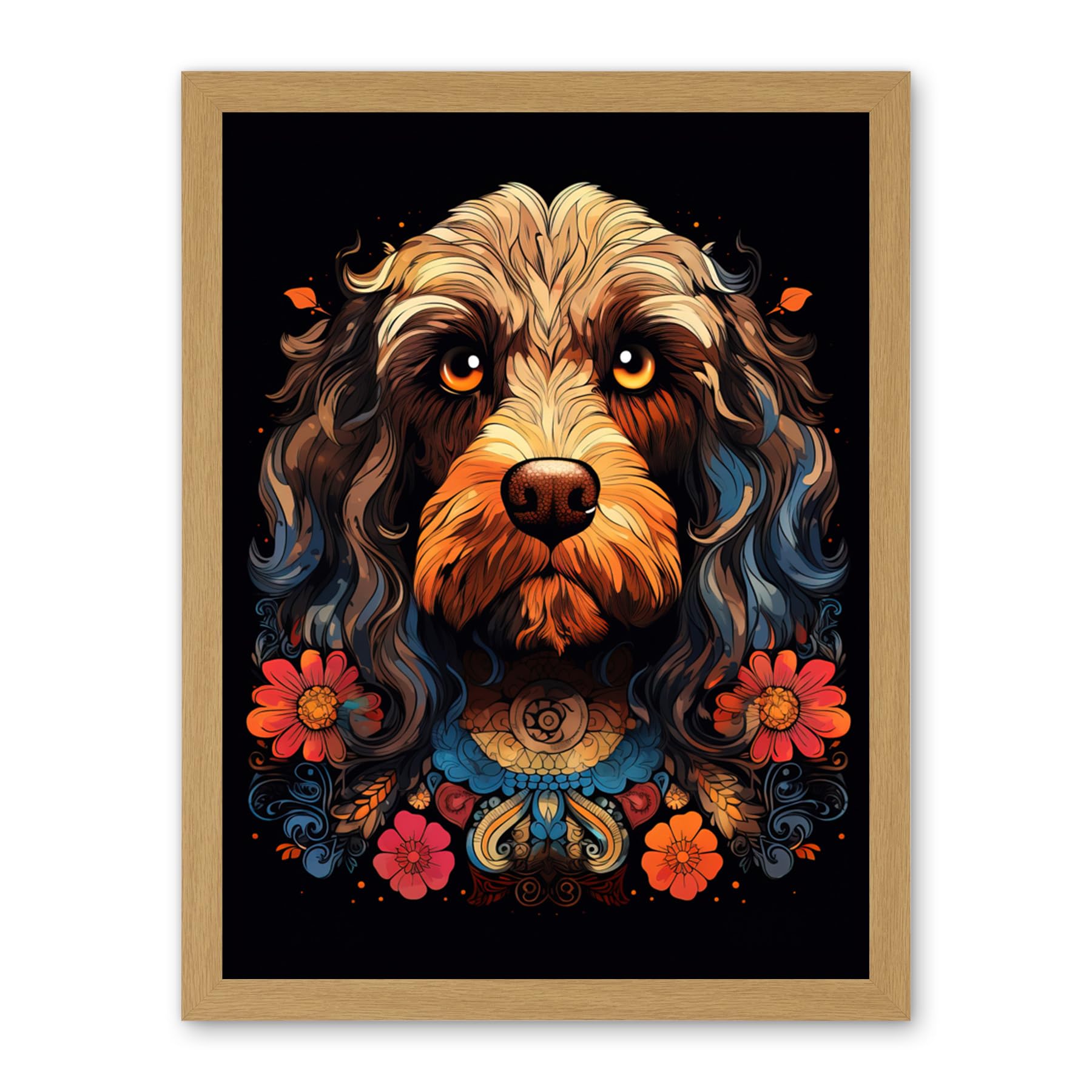 Artery8 Cockapoo Dog with Ornate Collar and Flowers Symmetrical Floral Artwork Orange Pink Blue Tribal Design on Black Artwork Framed Wall Art Print 18X24 Inch