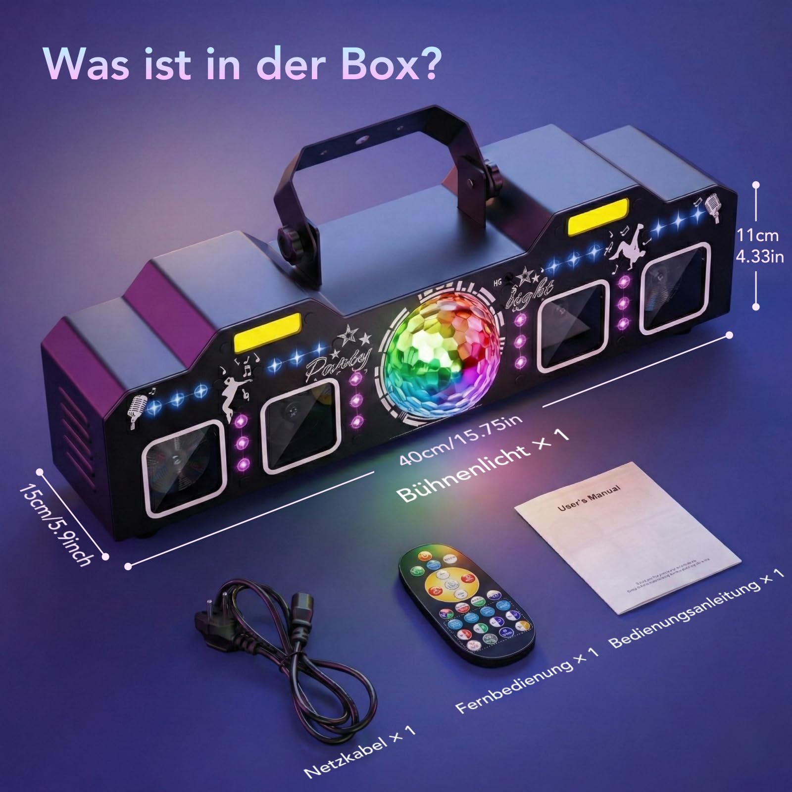 Tomshine 5-in-1 DMX Partylicht, 150+ Lichteffekt-Kombinationen & 15 Farben Magic Ball, 12x UV Schwarzlicht & 2x Goldene Stroboskop, Roter Stern-Strahl, Musikgesteuert Discolicht für Club, DJ