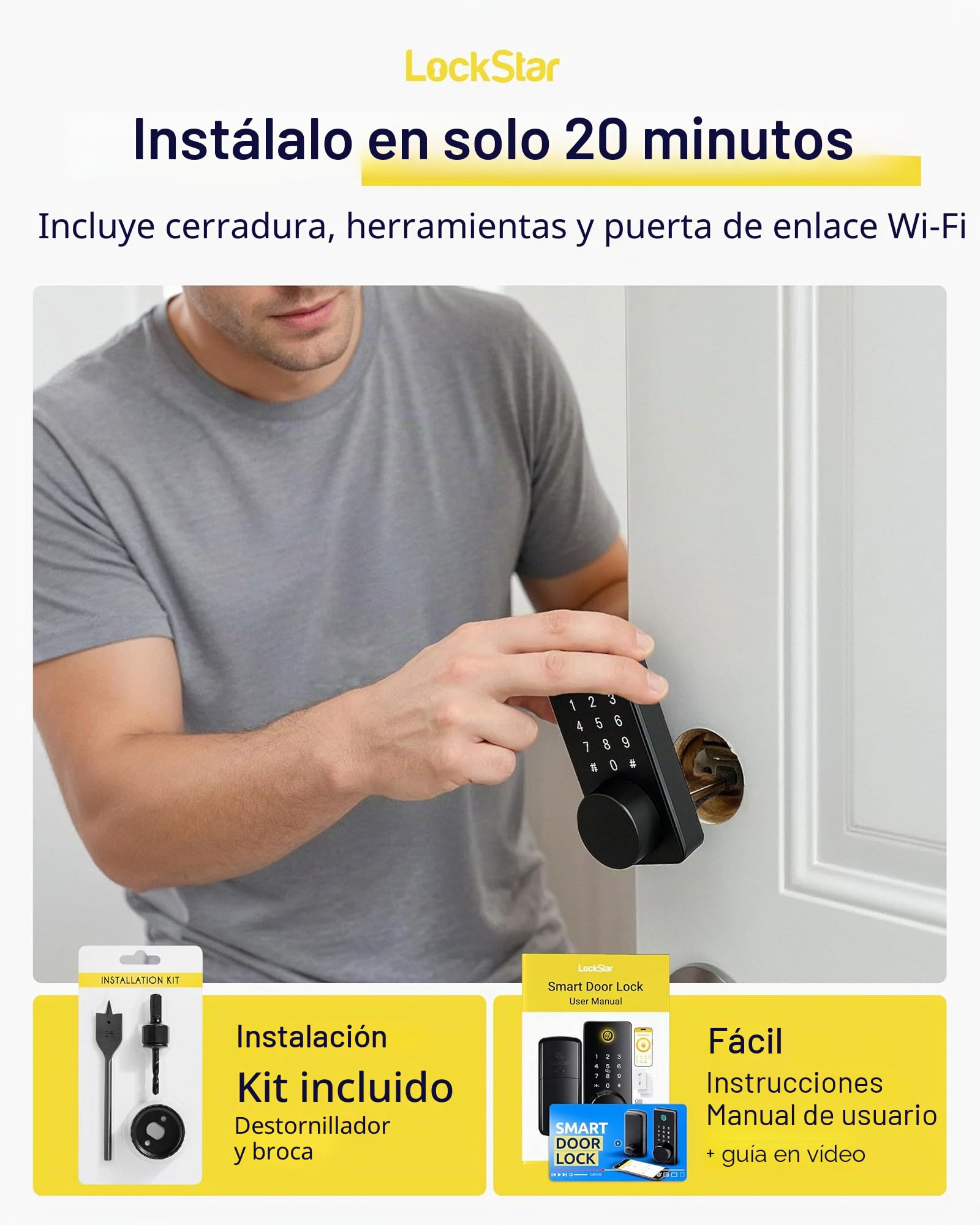LOCKSTAR® Cerradura de puerta inteligente • Cerrojo de seguridad sin llave • Múltiples métodos de entrada - APP • ID táctil de huellas dactilares • Código de teclado • FOB • Llave tradicional •