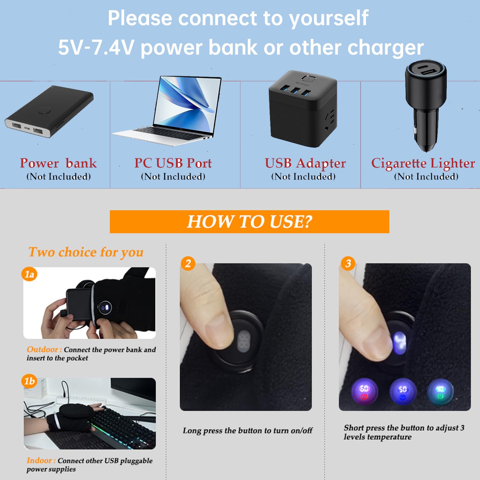 VobeNit Electric Heated Gloves USB Warmers Gloves Women Fingerles Men Cold Weather Winter Gloves for Work Outdoor or Indoor Activities Heated Mittens Men with Open