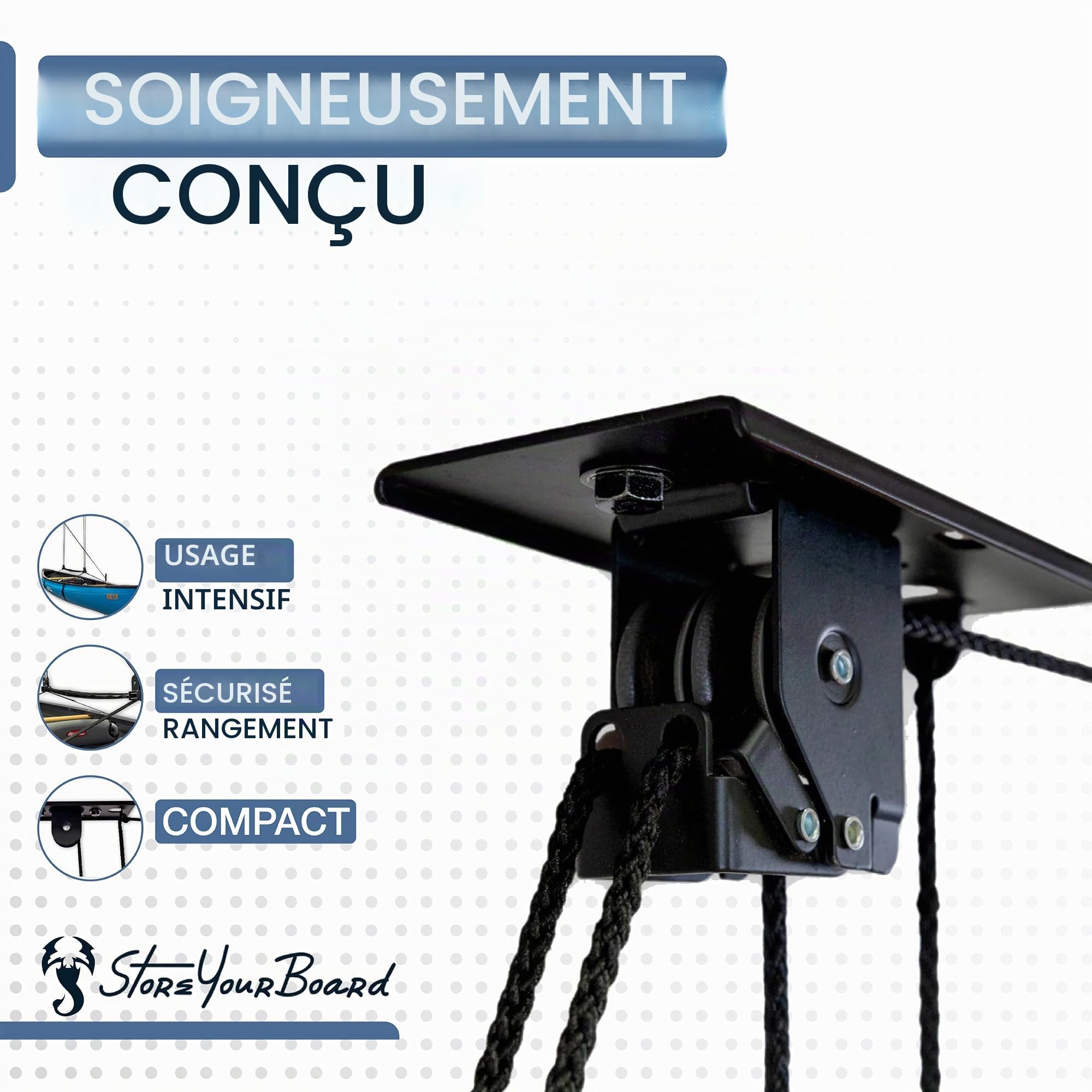 StoreYourBoard Palan de plafond robuste pour boîte de chargement – Système de levage de poulie de garage convient aux plafonds de 2,4 à 3 m