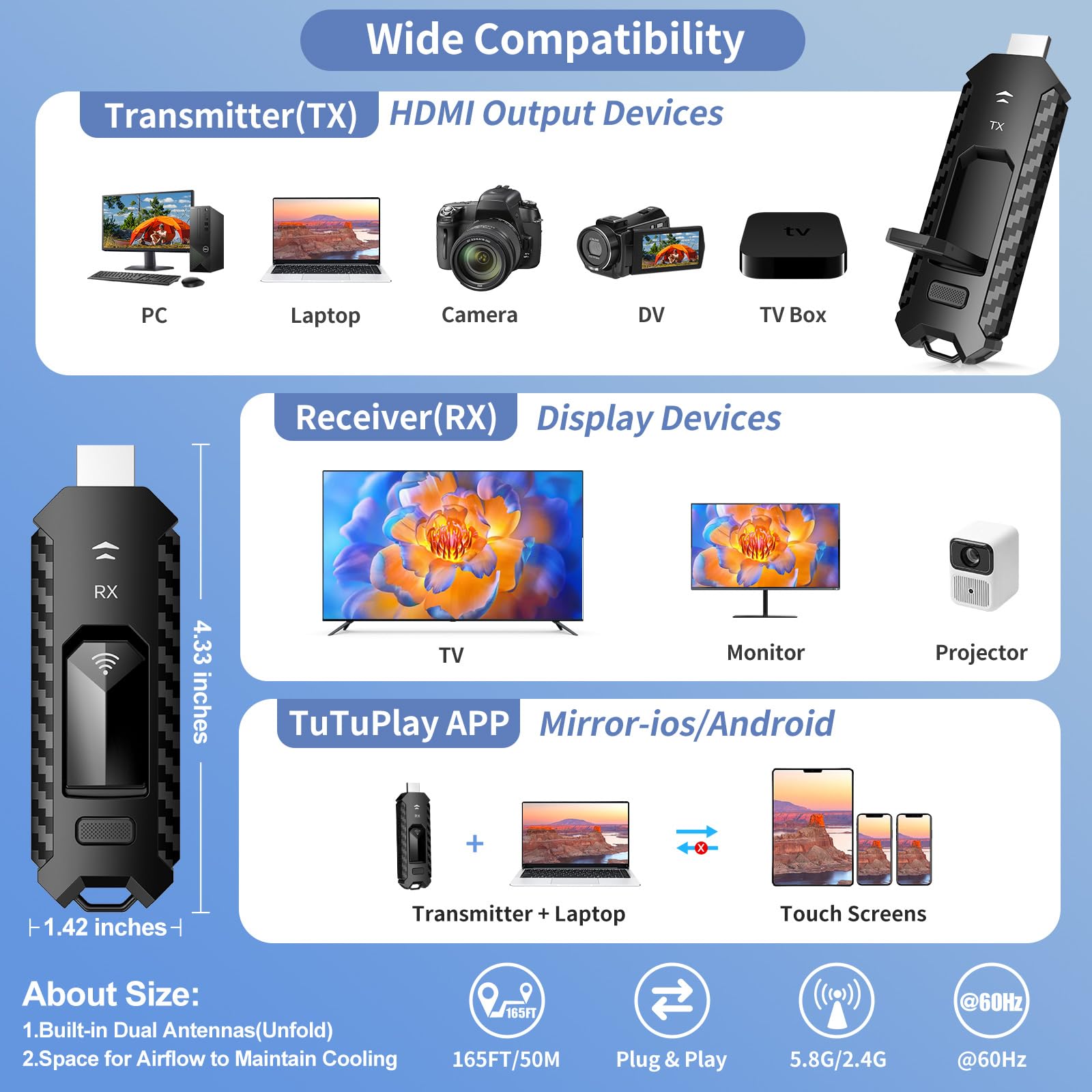 Émetteur et récepteur HDMI sans fil, kit d'extension multi-téléviseurs portable, Plug and Play, contrôle de la chaleur, 5,8 G/2,4 G @ 60 Hz, 50 m, flux vidéo sans fil depuis un ordinateur portable