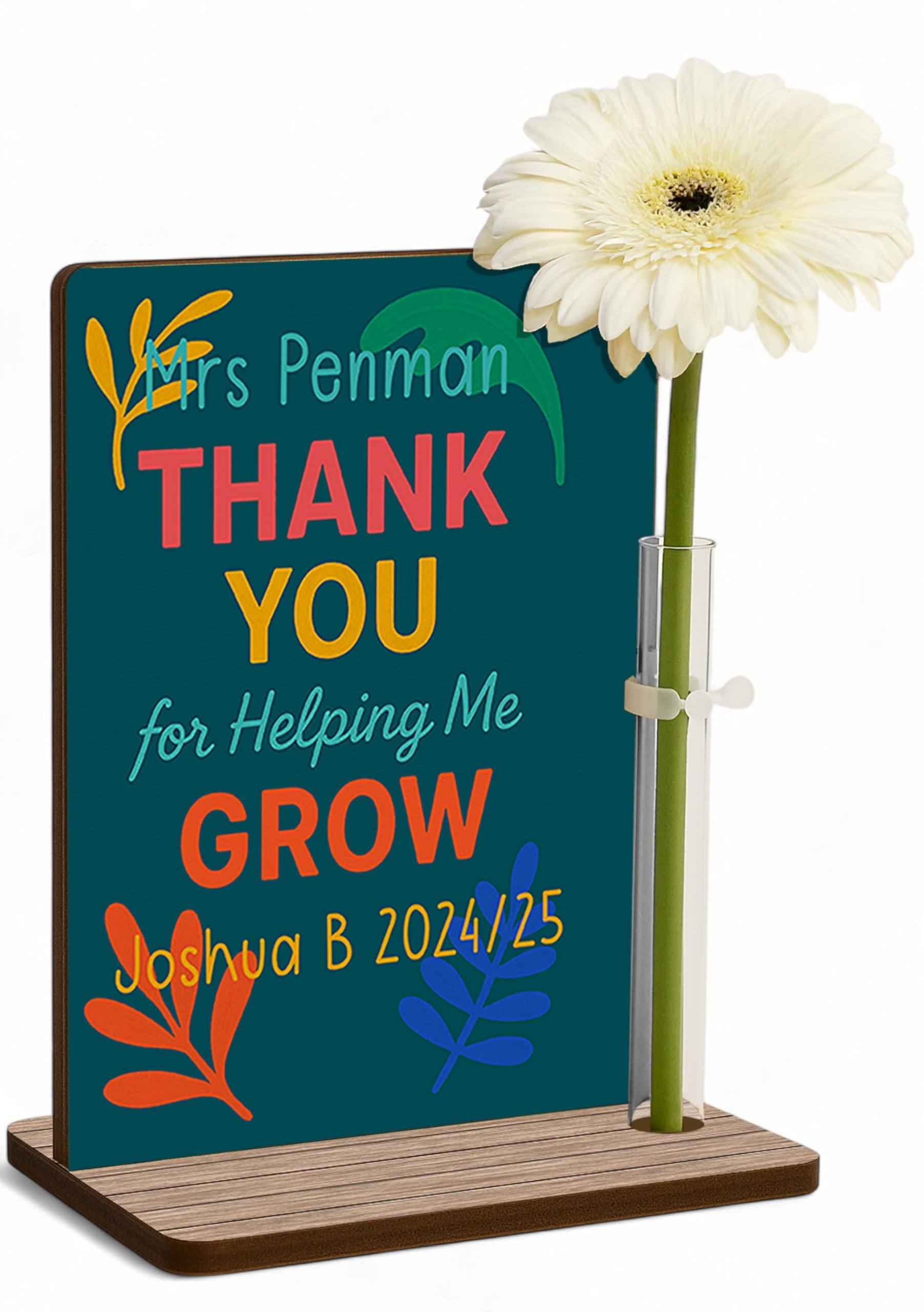 The Plum Penguin Bright Botanicals Personalised Teacher Thank You Gift Freestanding Wooden Plaque Optional Flower Thank You For Helping Me Grow Custom Names End Of Term Gift Ta Nursery Childminder Tutor (Bright Botanicals)
