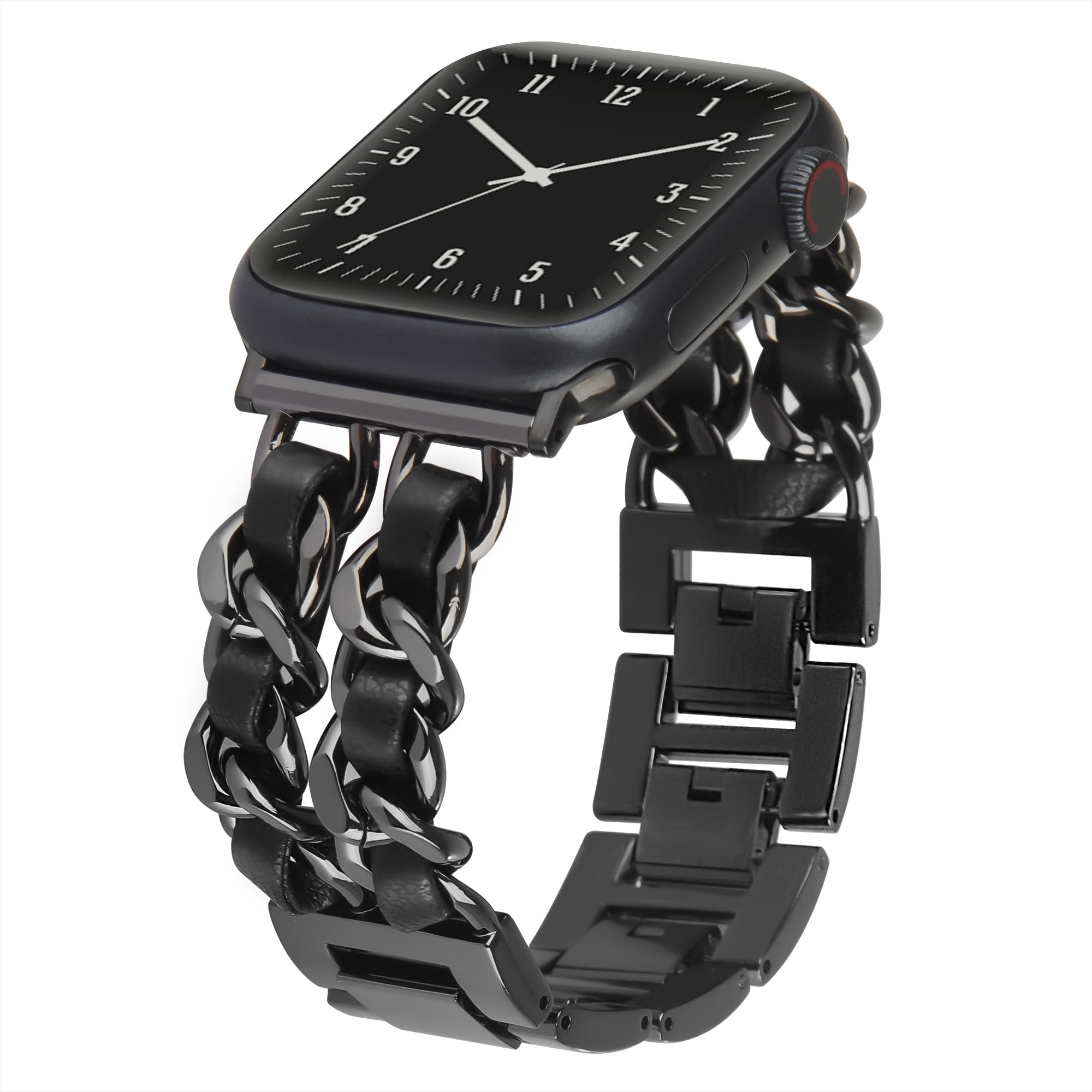 LOFOV Compatible With Apple Watch Band for Woman 42mm 44mm 45mm 49mm, Metal Strap Leather Over Gold Chain Cowboy Style Replacement iWatch Series 9 8 7