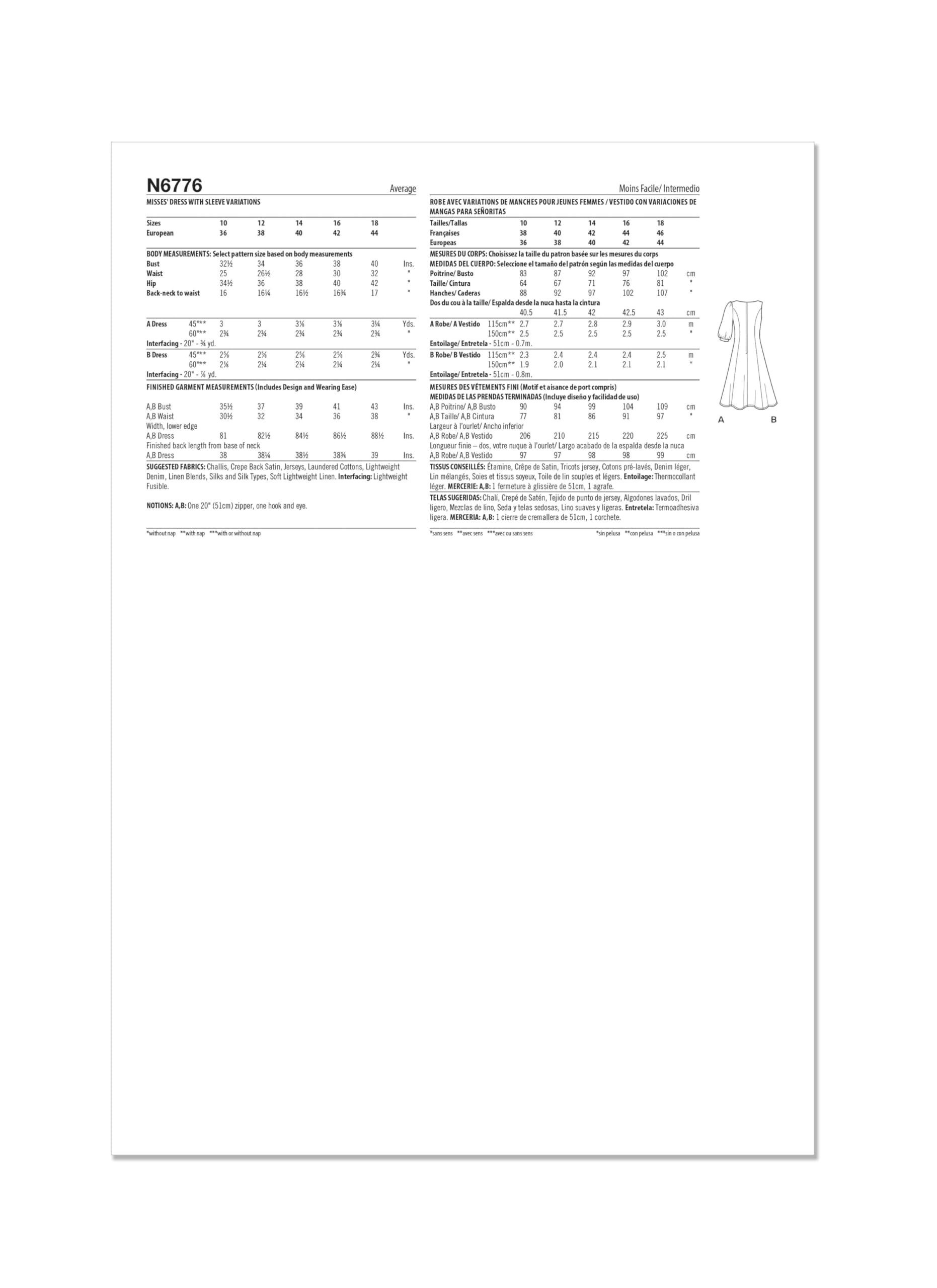 NEW LOOK Paper Pattern UN6776A Misses' Dress with Sleeve Variations A (10-12-14-16-18), Multicoloured