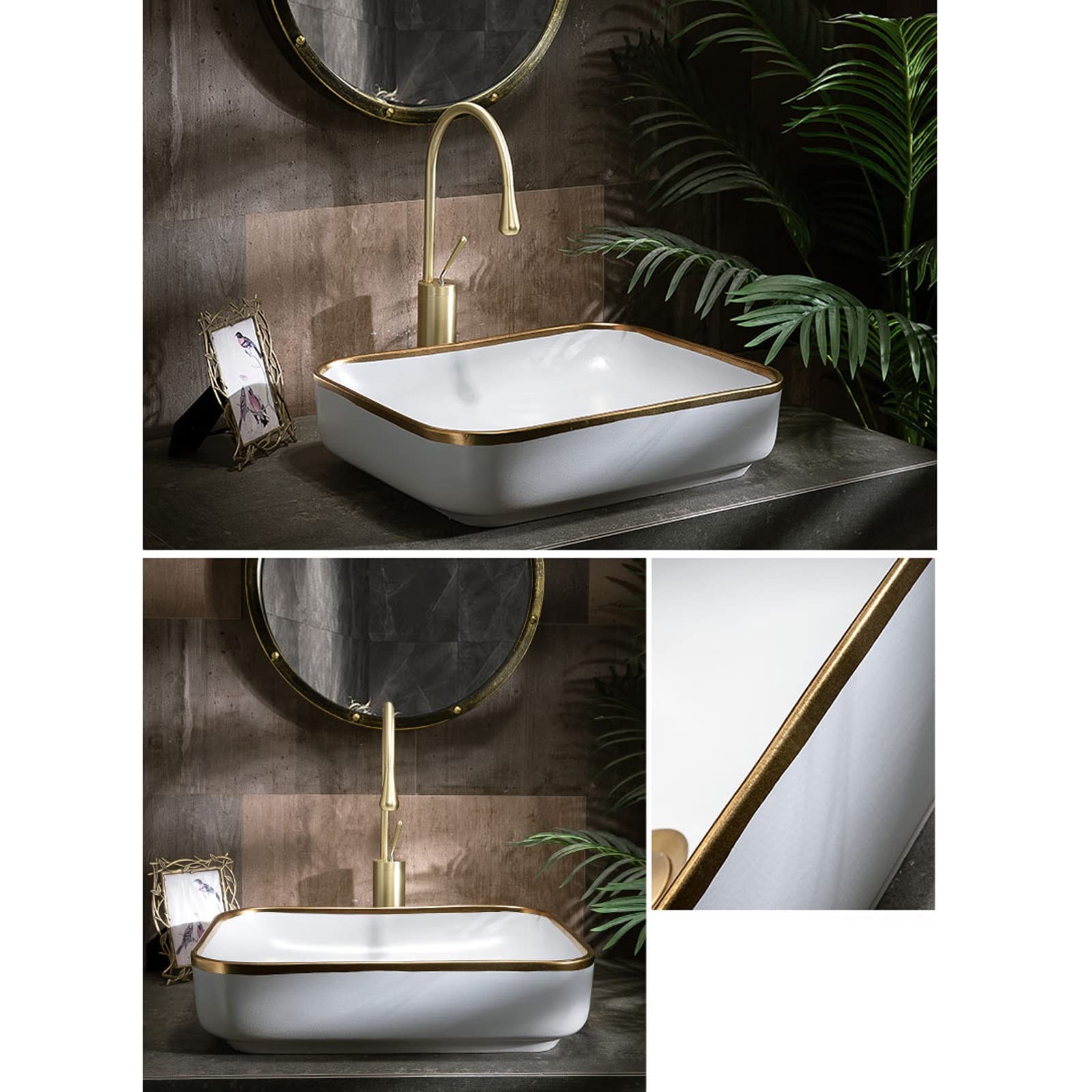 Umywalka Nablatowa Łazienkowa, Miska, Prostokątna, 20,4"×15,7", Umywalka Nablatowa Golden Edge, Porcelanowa, Ceramiczna, Umywalka Nablatowa, Umywalka Nablatowa, Umywalka