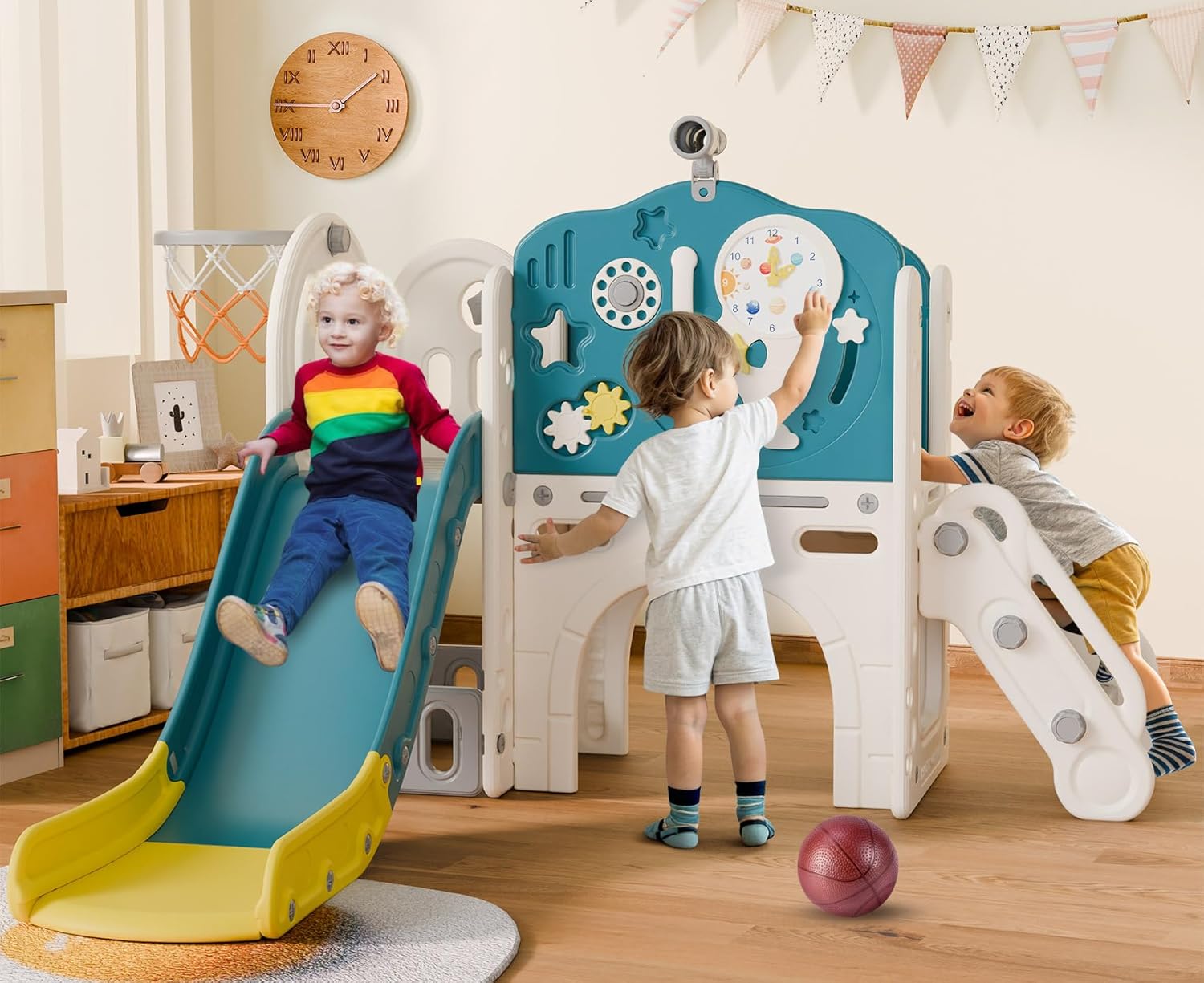 BIERUM 10 in 1 Toddler Slide, Astronaut Themed Baby Slide for Toddlers Aged 1-3, with Astronaut Design, Phone Call Design and Basketball Hoop, Toddler Playset Toddler Playground Blue Yellow