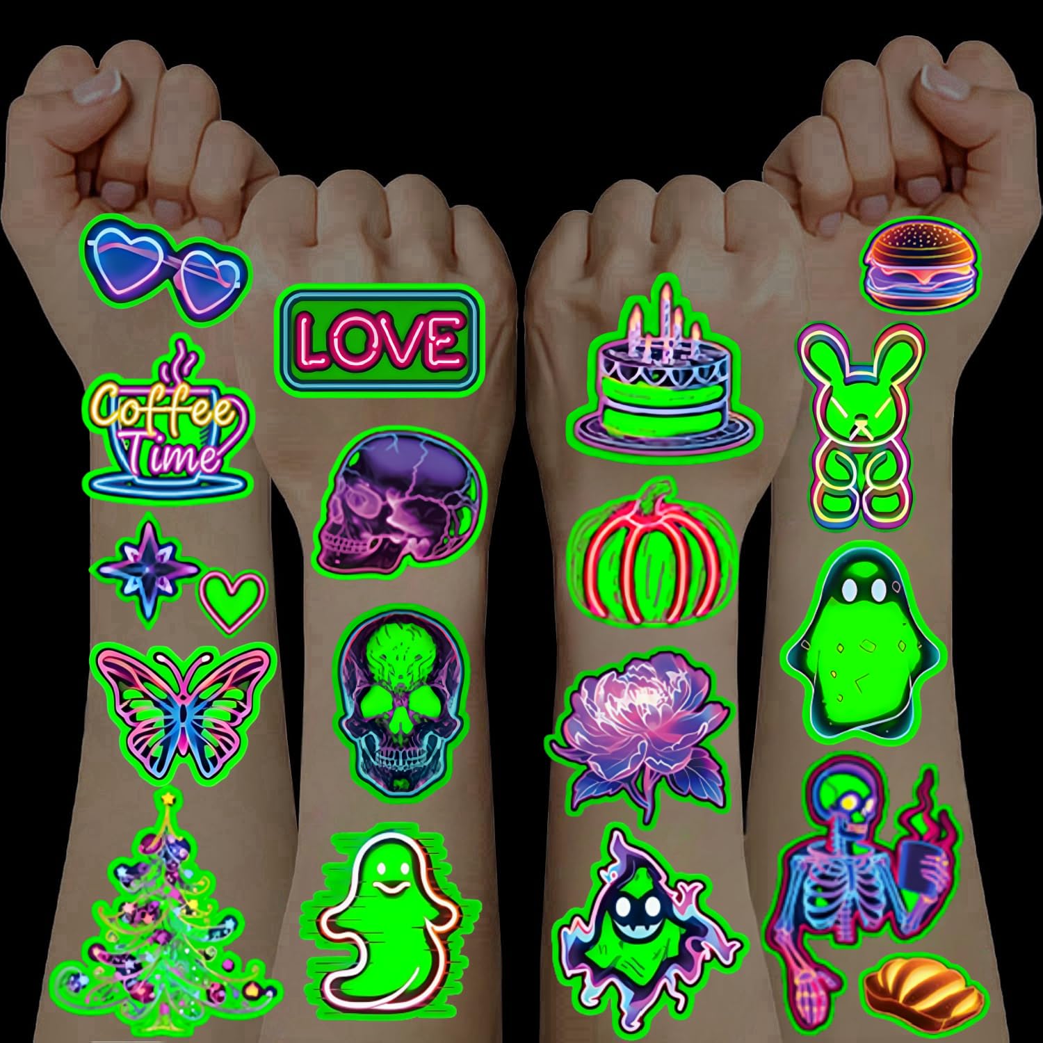 Tattoos for Kids,10 Sheets Temporary Tattoos Party Bags Fillers for Kids Neon Party Accessories Glow in The Dark Tattoos Toys for 3 4 5 6 7 8 9 10 11 12 Year Old Girls Gifts Halloween Decorations
