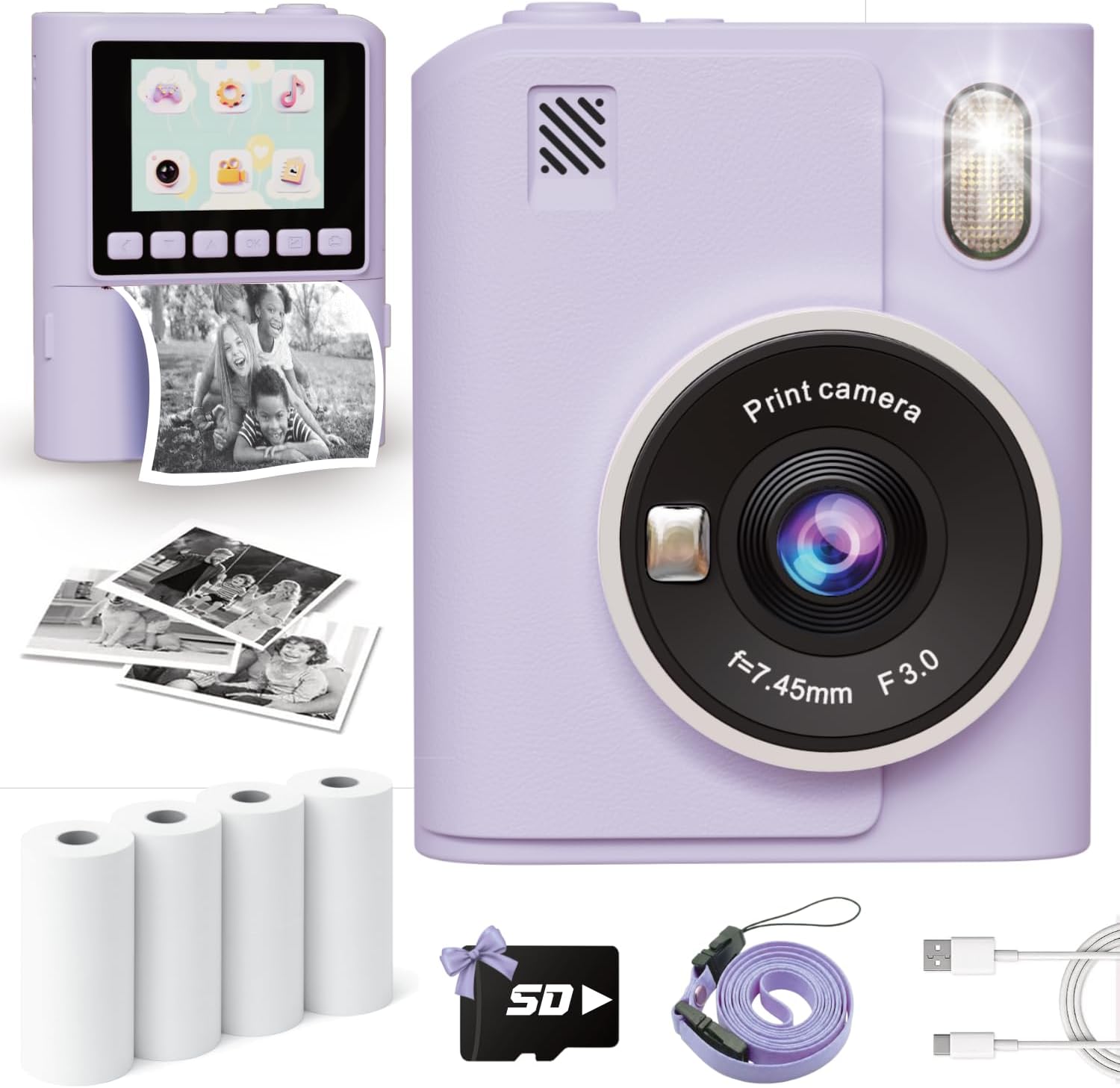 Instant Print Camera for Kids, Christmas Birthday Gifts for 4 5 6 7 8 9 10 Year Old Girls Boys, Portable Toy with 4 Rolls Printing Paper, Purple