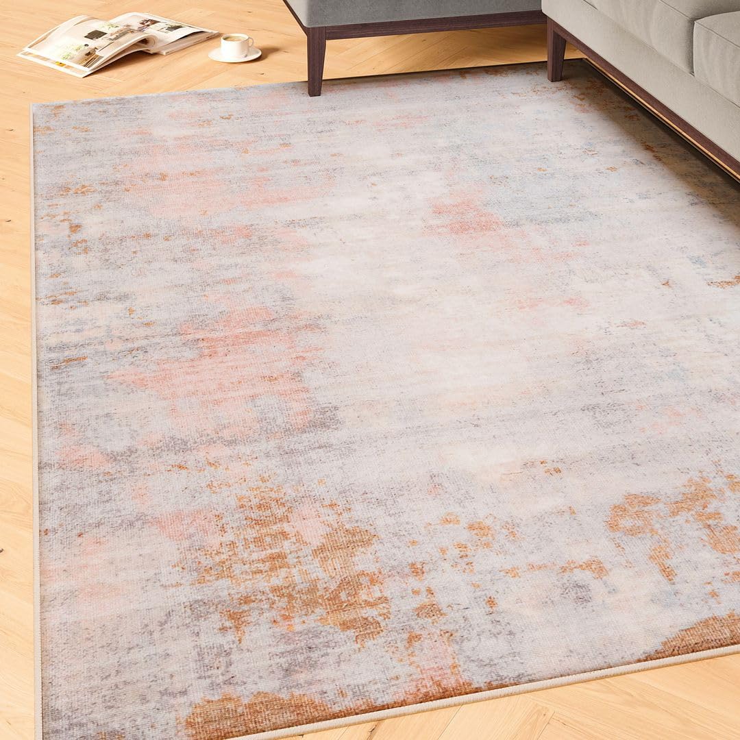 Machine Washable Abstract Pink Blue Cotton Rugs Pastel Stain Resistant Liquid Repellent Living Area Bedroom Rug 160cm x 230cm (5ft 3" x 7ft 7")