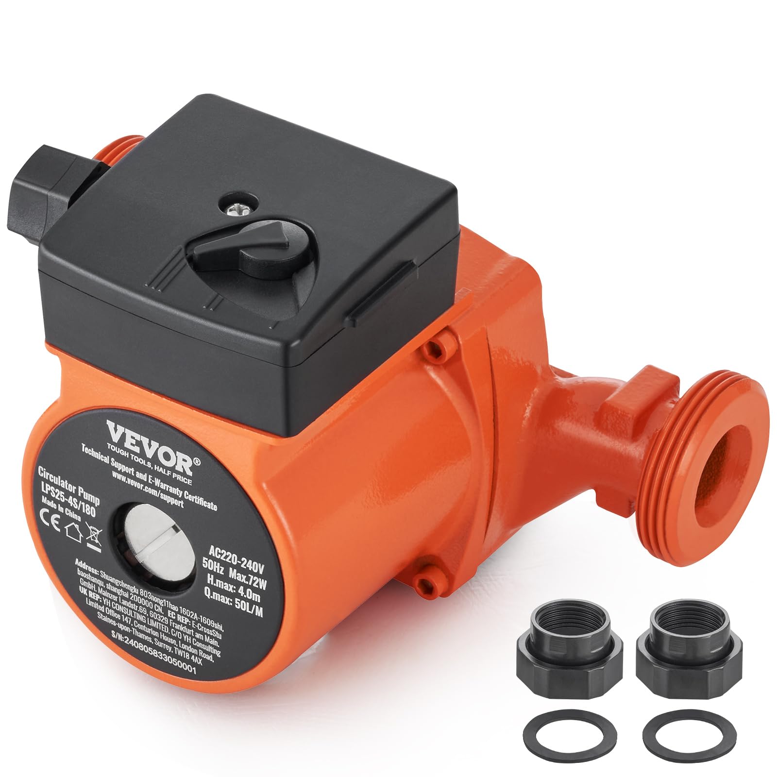 VEVOR 72 W Bomba de Recirculación de Agua Caliente Bomba de Circulación 50 L/​min, Bomba de Circulación de 3 Velocidades Altura Máxima de Descarga 4 m para Sistema de Calentador de Agua Doméstico