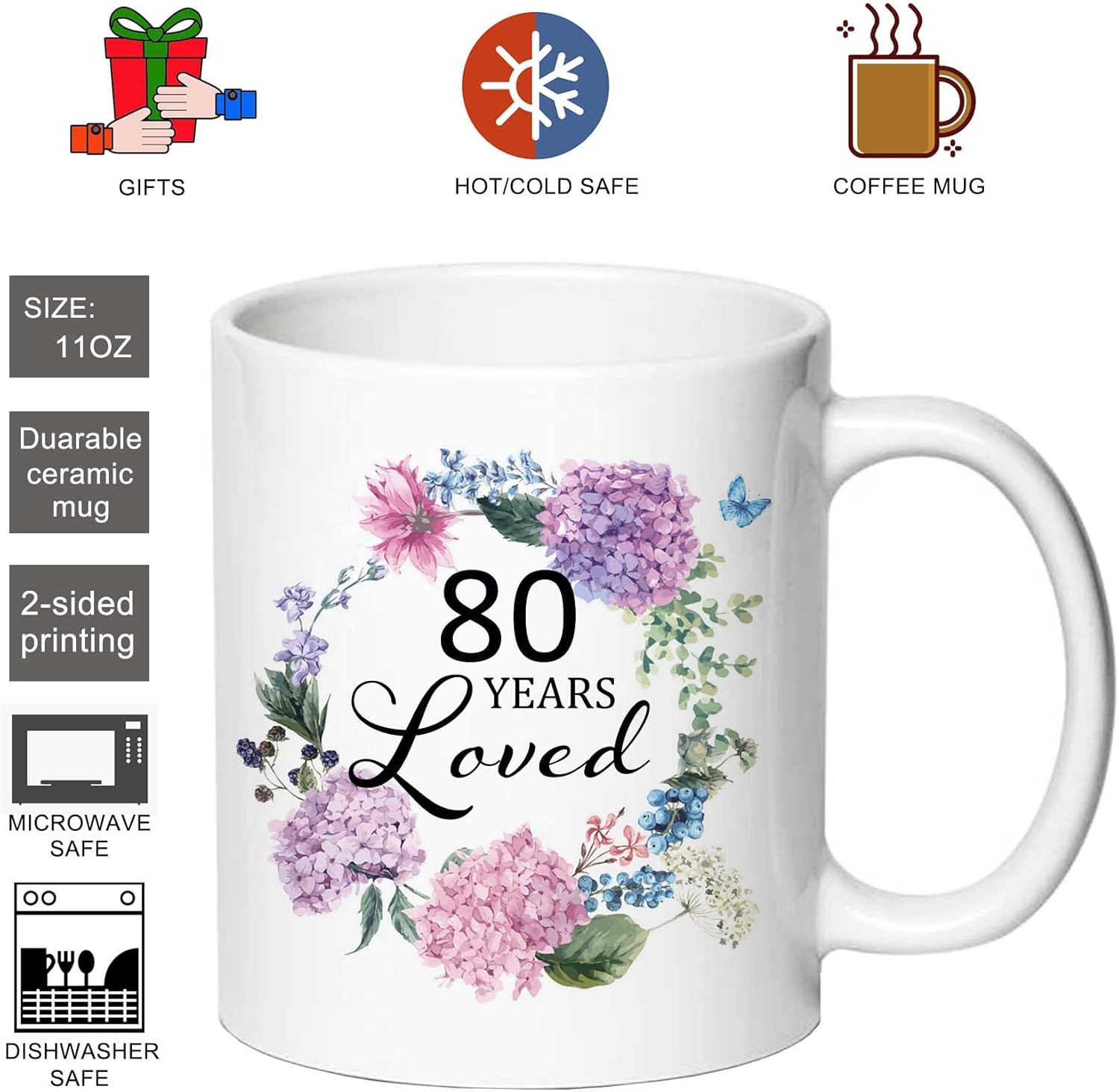 80 Years Loved Coffee Mug - 80th Birthday Gift for Women, 11oz Mug Cup Present for 80 Year Old Female Mom, Nana, Wife, Aunt, Friend, Sister Turning 80, Mother's Day Gift Idea - Image 3
