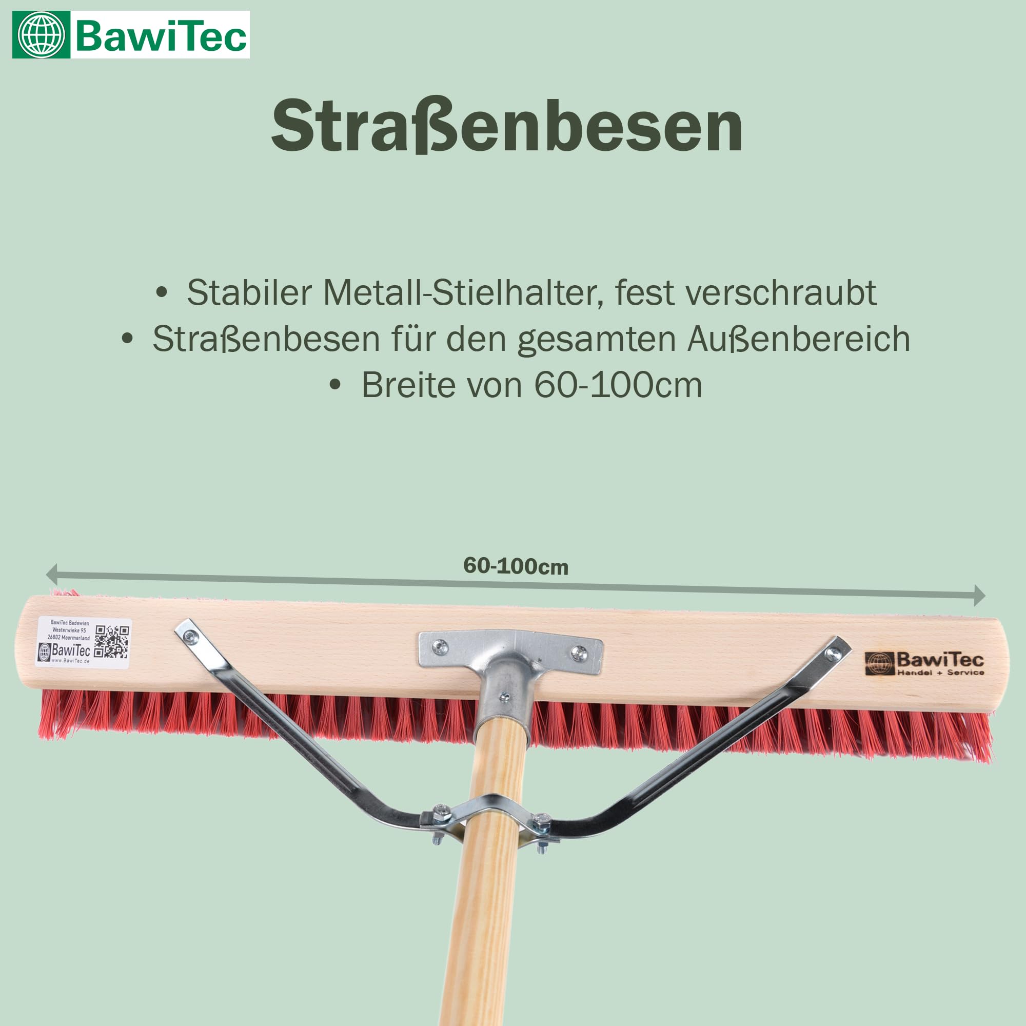 Profi Besen Straßenbesen 80cm mit Stiel 160cm Holzstiel rote Borsten Stabi | Spezieller Stielstabilisator/Zusatzhalterung, Besenstiel Ø28mm, Robuste Dichte Kunststoff-Borsten