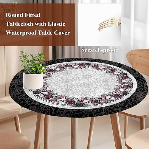 Vista 69 de Mantel redondo ajustable de Navidad para mesa redonda, mantel rojo floral de Navidad, mantel impermeable con borde elástico, mantel circular rojo