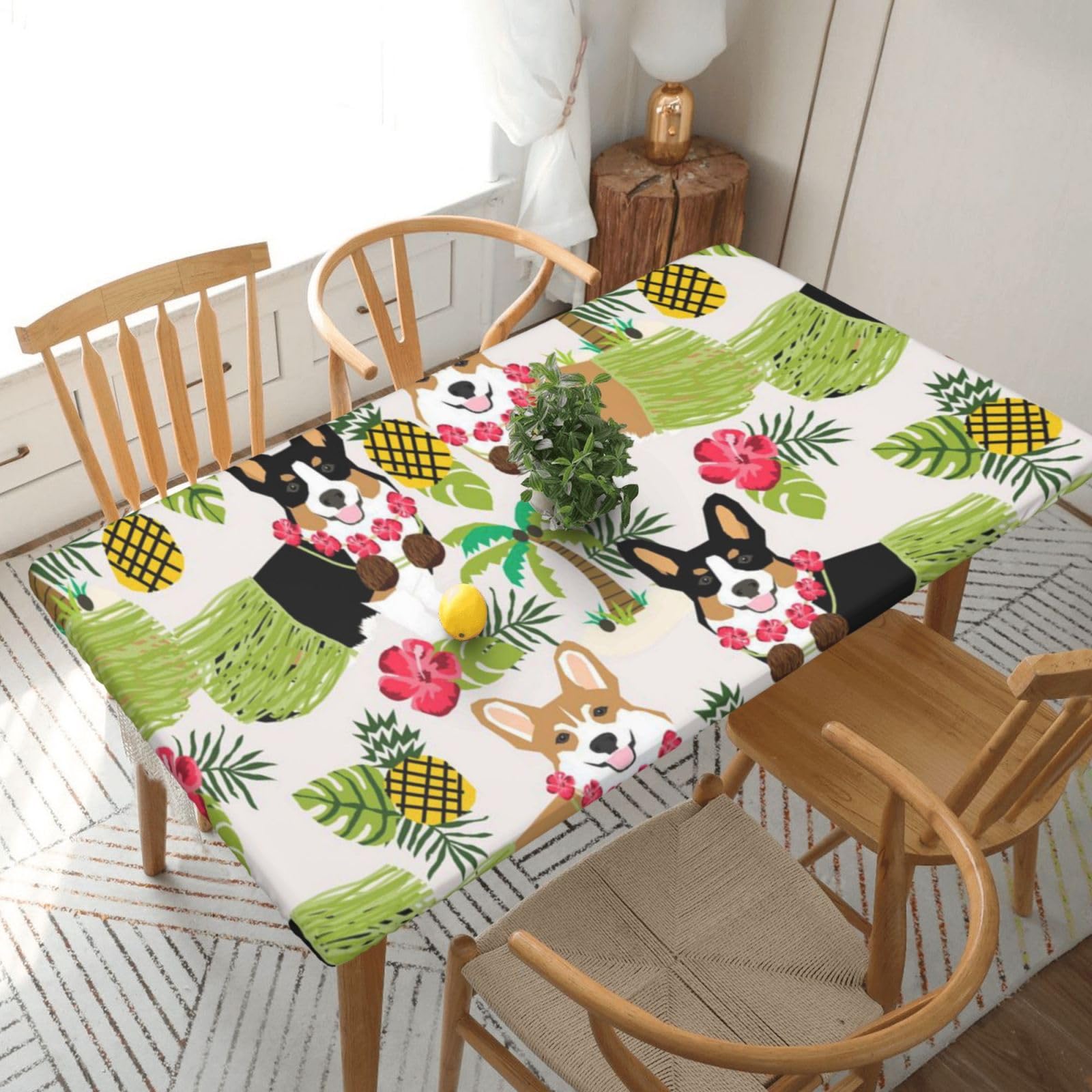 BNVSADC Corgi Hawaiian Tropical Summer Pineapple Printed 5FT Tablecloth Polyester Kitchen Water Resistant Table Cloth Dining Table Decoration Table Covers, 152x76 CM