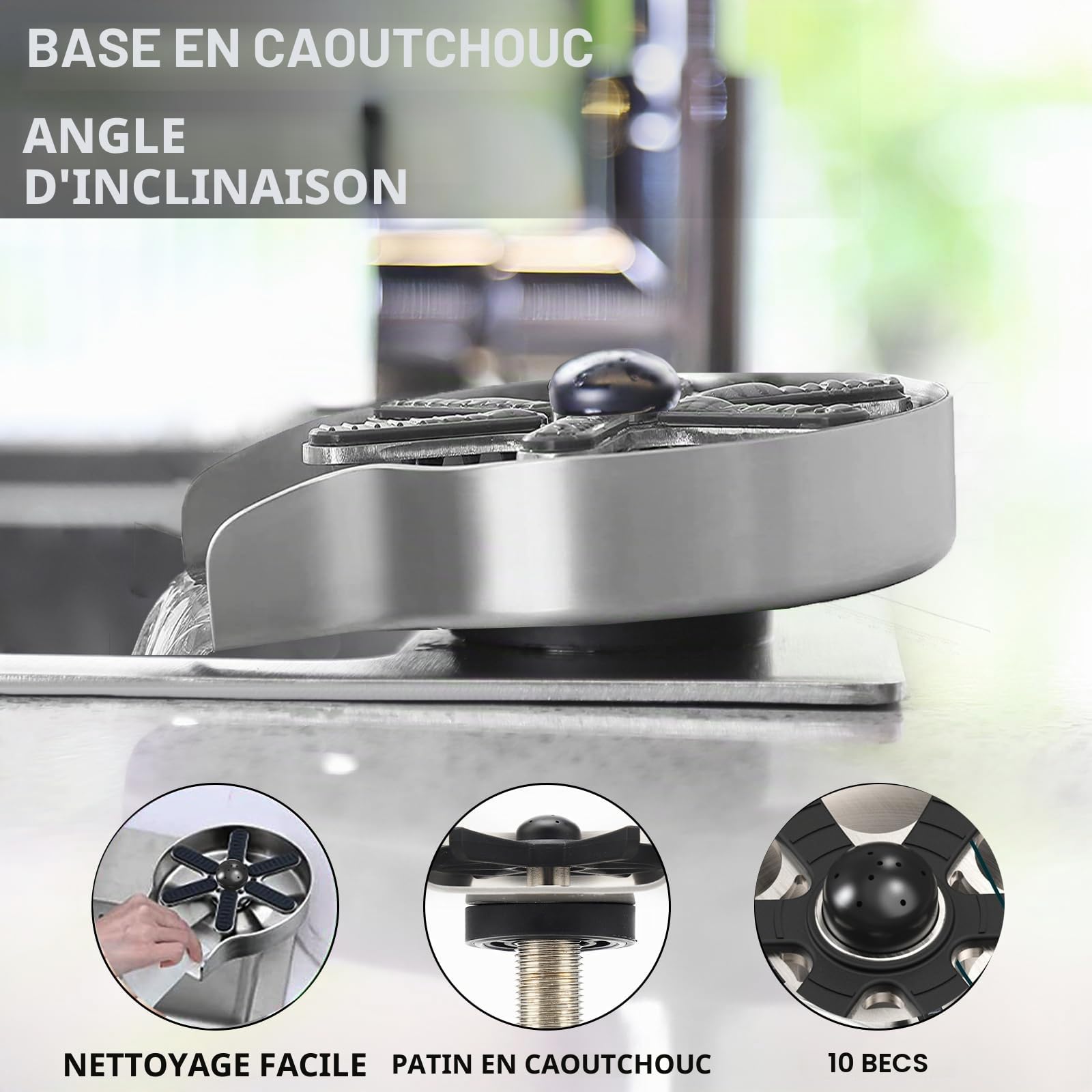 Rince Verre Evier - Glass Rincer Lave Bouteille Lave Gobelet Automatique avec Matériau en Acier Inoxydable Massif, Lave Verre Evier Rince Verre pour Bar et Cuisine (Coussinets 6 pattes)