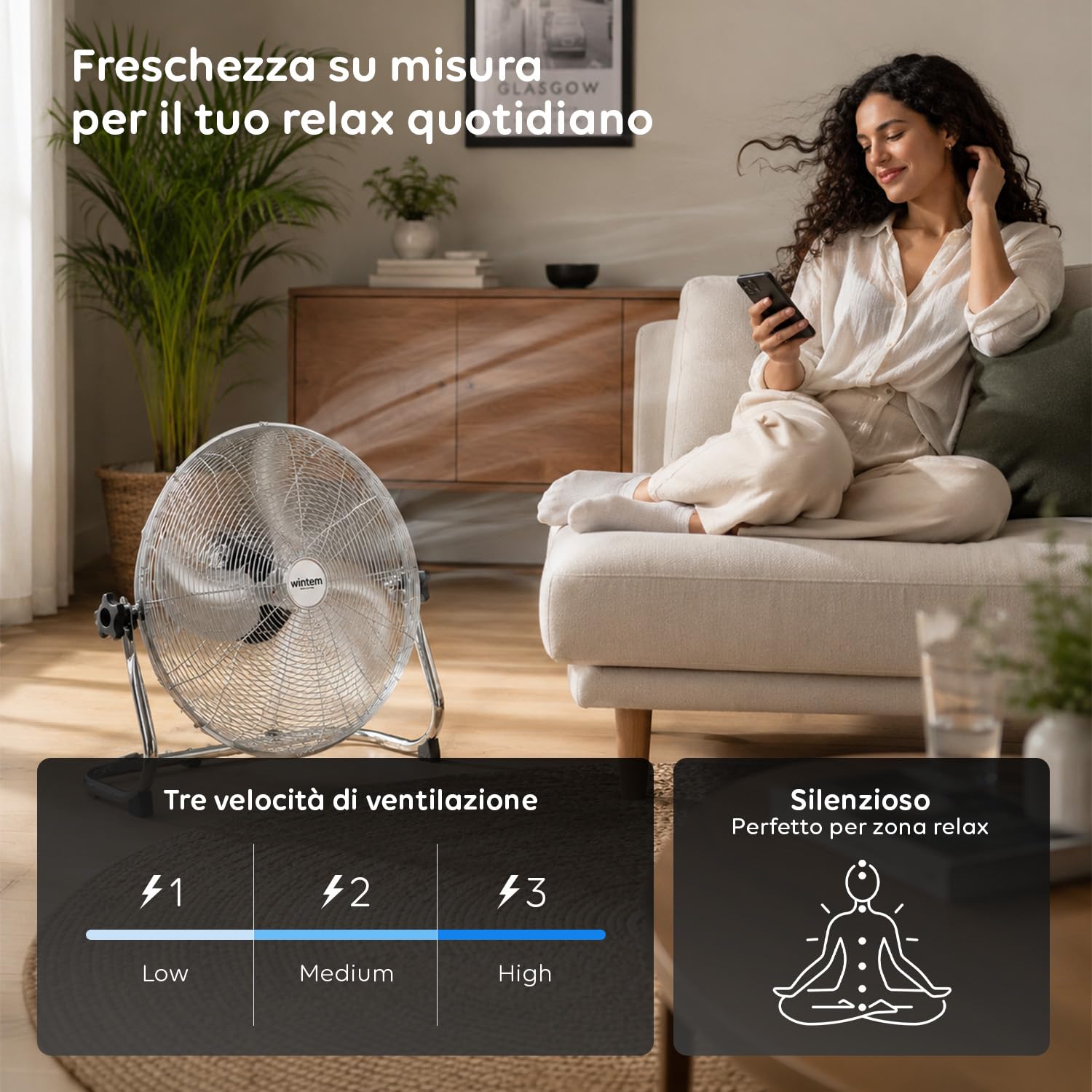 Wintem Standventilator oder Tischventilator, verchromt, 70 W, 3 einstellbare Geschwindigkeiten, ideal für jeden Bedarf, 19 x 18 x 34 cm, mit Schaufel von 40 cm und neigbarem Kopf