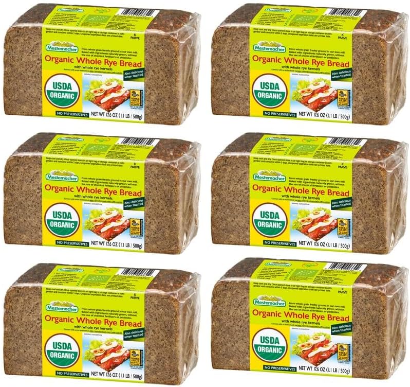 Mestemacher Organic Whole Rye Bread, 17.6 Oz – Authentic German Whole Grain Rye Bread | High Fiber, Dense European Bread, USDA Organic, Non-GMO, Ready to Eat, Long Shelf Life (Pack of 6)