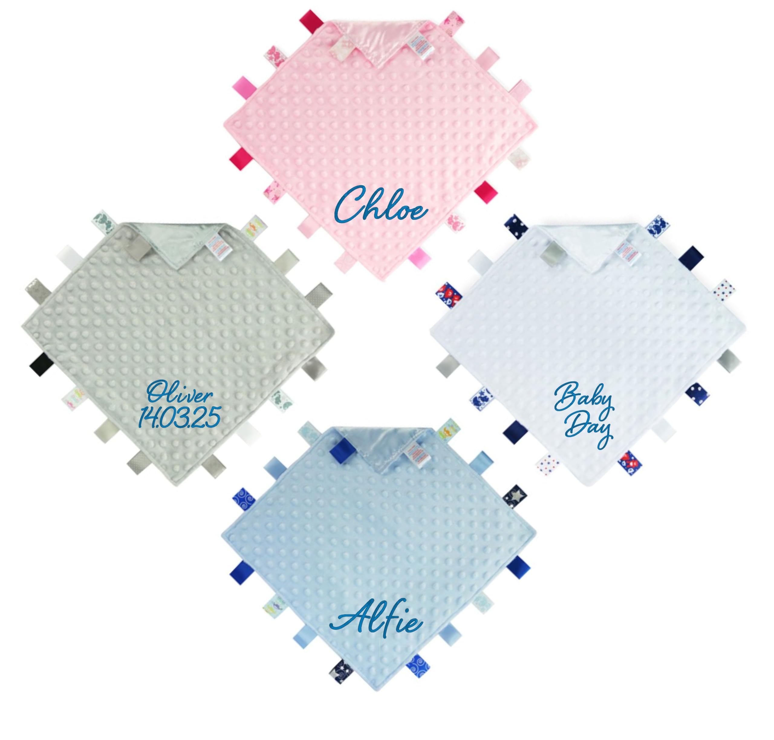 Teeny Buddens Personalised Baby Comforter, Dimple Taggy Blanket with Satin Back, Embroidered Design (White)