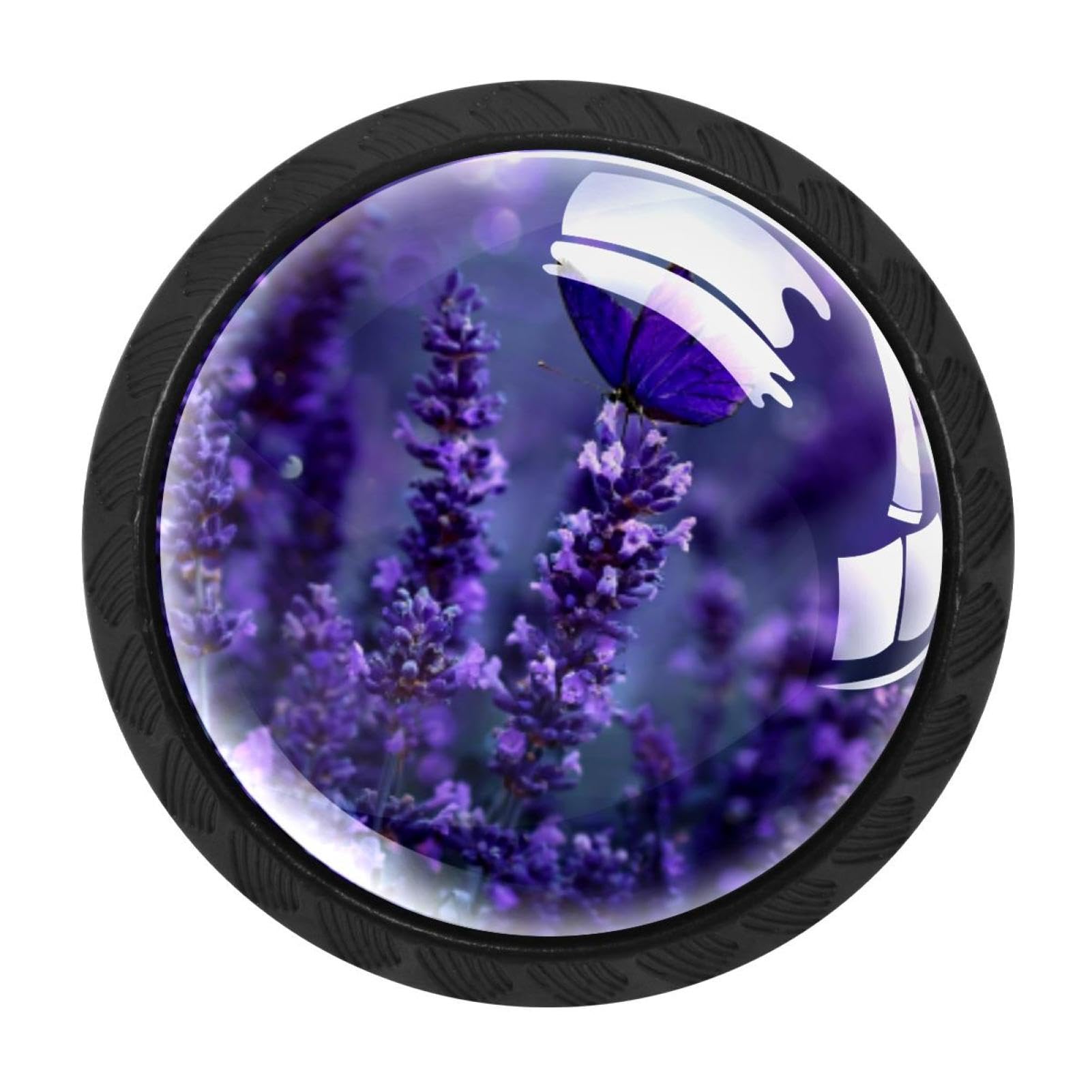CHENZZZZ 4 Pieces Lavender Butterfly Flowers Purple Floral (2) Drawer Knobs, 35mm Black Cabinet Knobs, Drawer Pulls and Knobs, Dresser Drawer Knobs, Cabinet Hardware Kitchen Cabinet Knobs