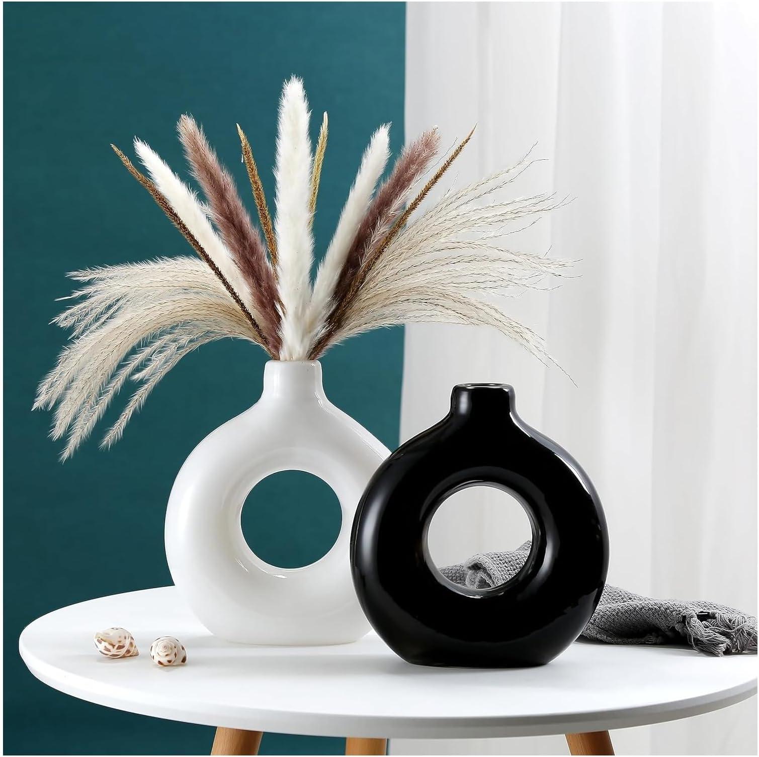 Ceramic Donut Vase, Flower Vase Pampas Grass Vase, Vase Home Decor Centrepiece Decor for Home, Office, or Gifts-Vase Only - (1 White + 1 Black (6.5 Inches))