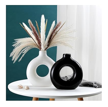SPHINX Ceramic Donut Vase, Flower Vase Pampas Grass Vase, Vase Home Decor Centrepiece Decor for Home, Office, or Gifts-Vase Only - (1 White + 1 Black (6.5 Inches))