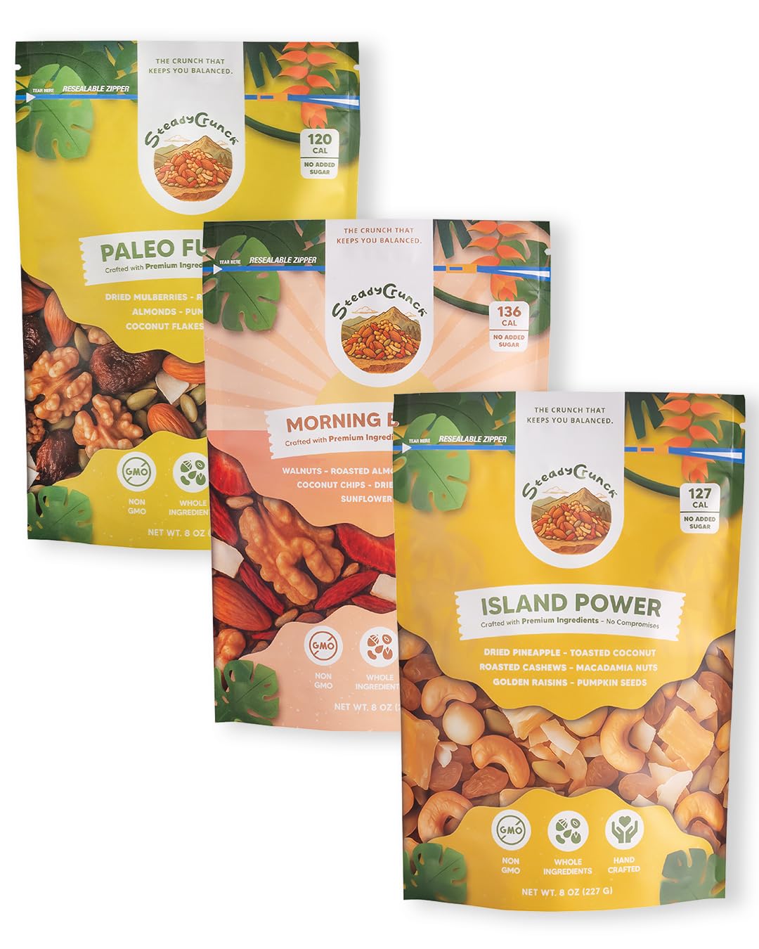 SteadyCrunch Balance Nutrition Trail Mix Variety Pack - Assorted Mixed Nuts & Dried Fruit - Non-GMO, Vegan & Gluten Free Healthy Snacks for Adults - Office & Travel Snack Packs - Pack of 3 (8 oz)