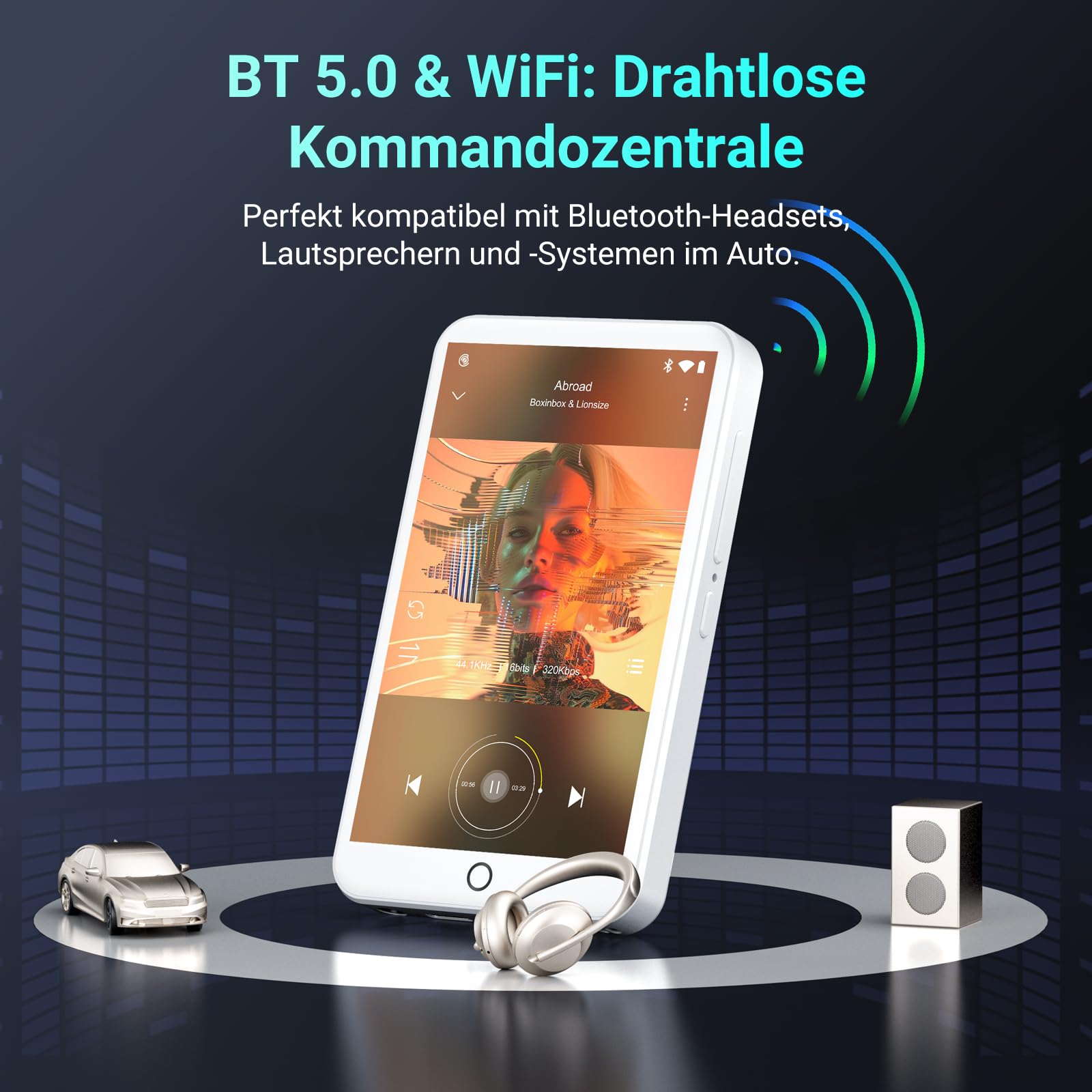 96GB MP3 Player mit Bluetooth und WiFi, Android 13 MP3 MP4 Player mit 4“ Touchscreen und Lautsprecher, 3GB RAM & 32GB ROM, Spotify Music Player mit Audible, Play Store