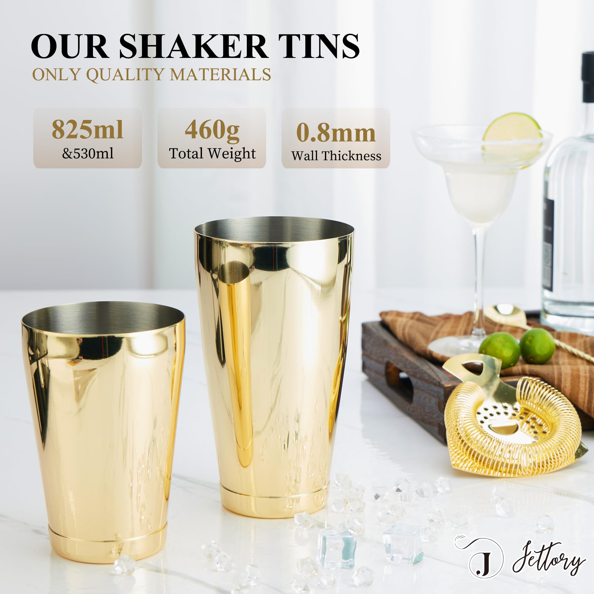 Jettory Boston Shakerset, 10-delige roestvrij stalen cocktailshakerset met acrylbasis, barzeef, ijstang, barlepel, maatbeker, stamper, perfect voor de huisbar (goud