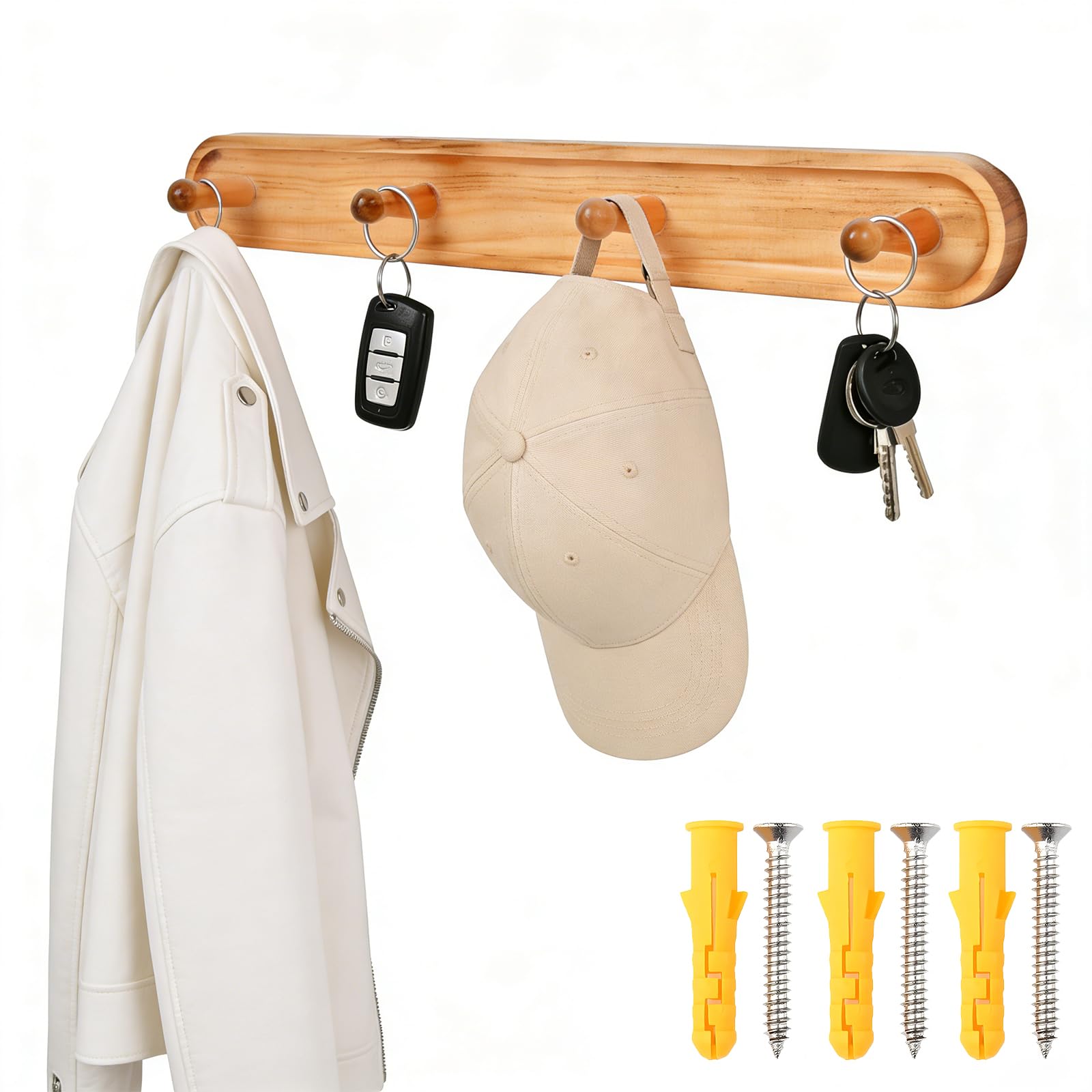 Photo 1 of 15.2-inch Wood Wall Hooks,Solid Wood Coat Rack? Wooden Coat Rack Wall Mount,4 Wooden Hooks for Hanging?Simple Design for Home Organization