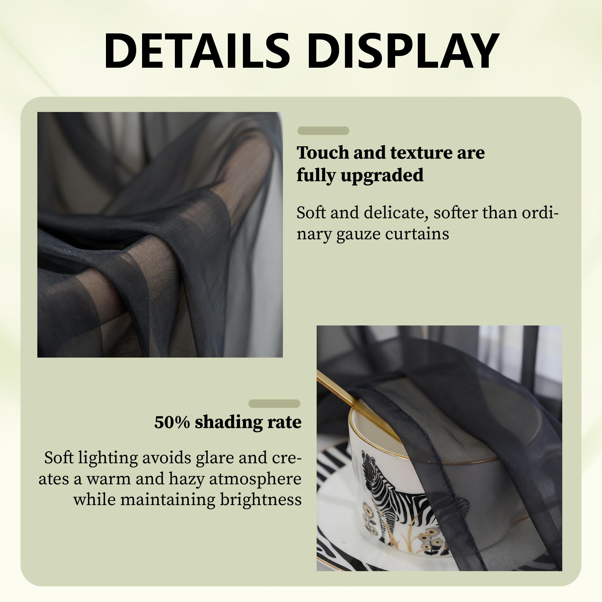 Voile Vorhänge 300 x 220 cm Privatsphäre Transparente Ösenschal Langlebig für Wohnzimmer Fensterschal Lichtdurchlässig Dekoschal Schlafzimmer, Schwarz