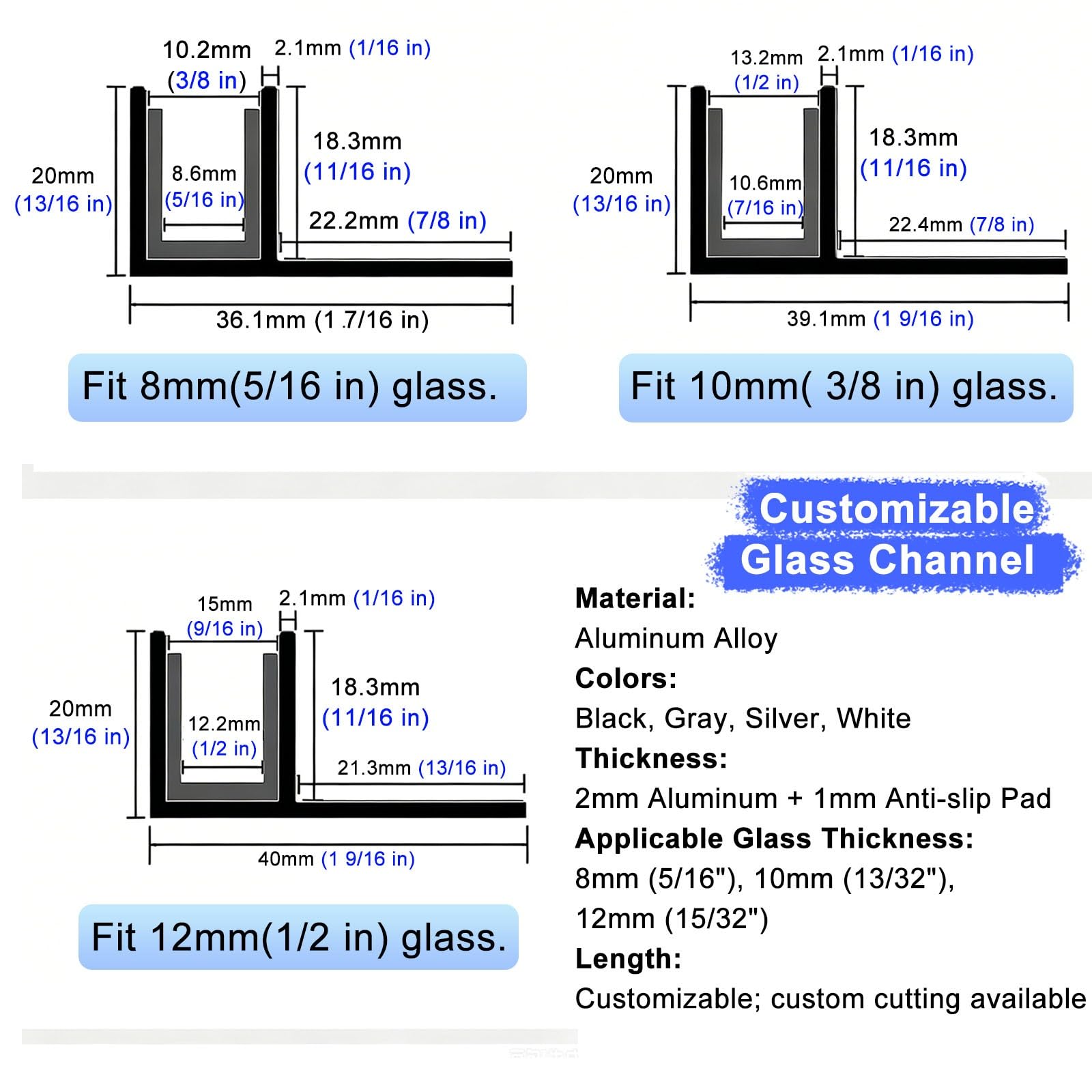 U profundo de aluminio Perfil Empotrado Para Puerta De Vidrio Sin Marco (apto Para Espesor De 12 Mm), 2 Rieles De Ducha De Aluminio En Forma De F Con Junta(White,180cm/5.9ft)
